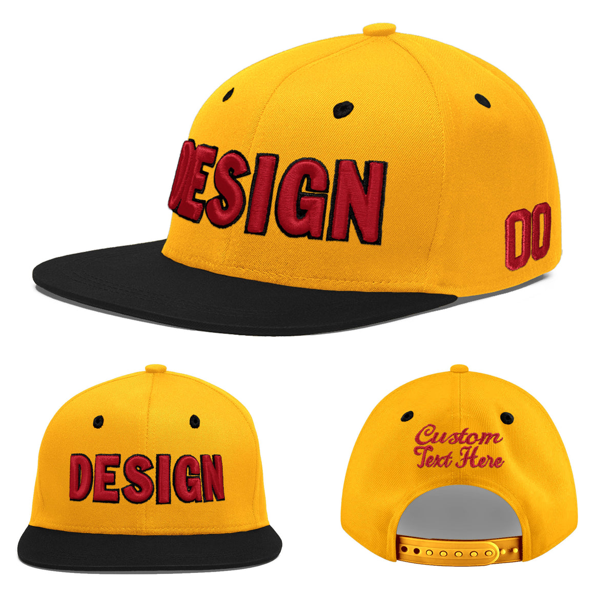 Custom Gold Black 36D Puff Embroidery Flat Embroidery Casual Sport Baseball Cap