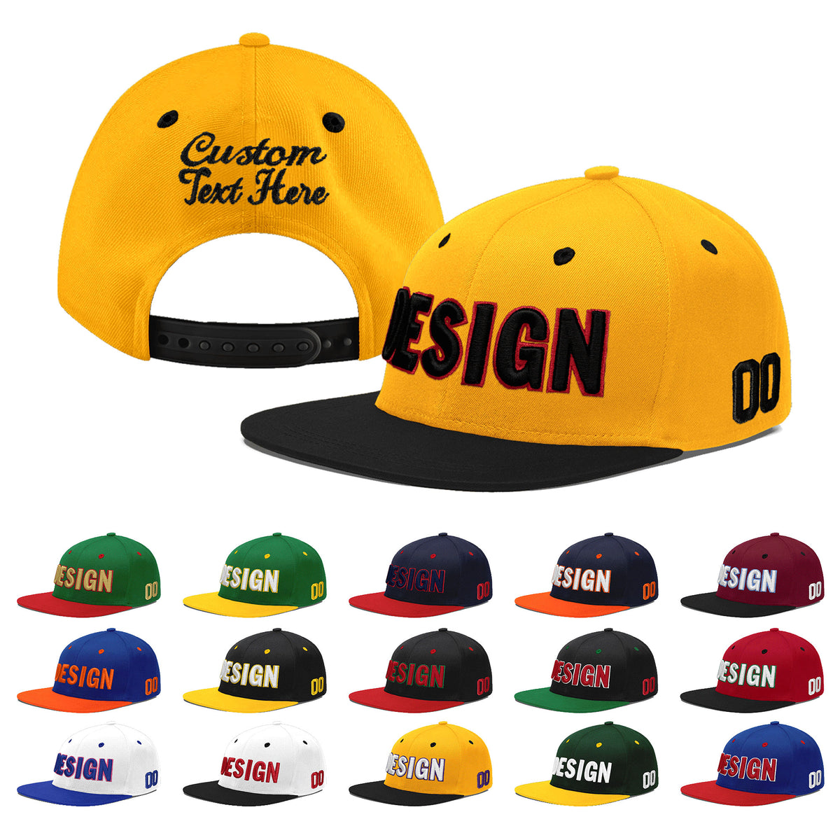 Custom Gold Black 43D Puff Embroidery Flat Embroidery Casual Sport Baseball Cap