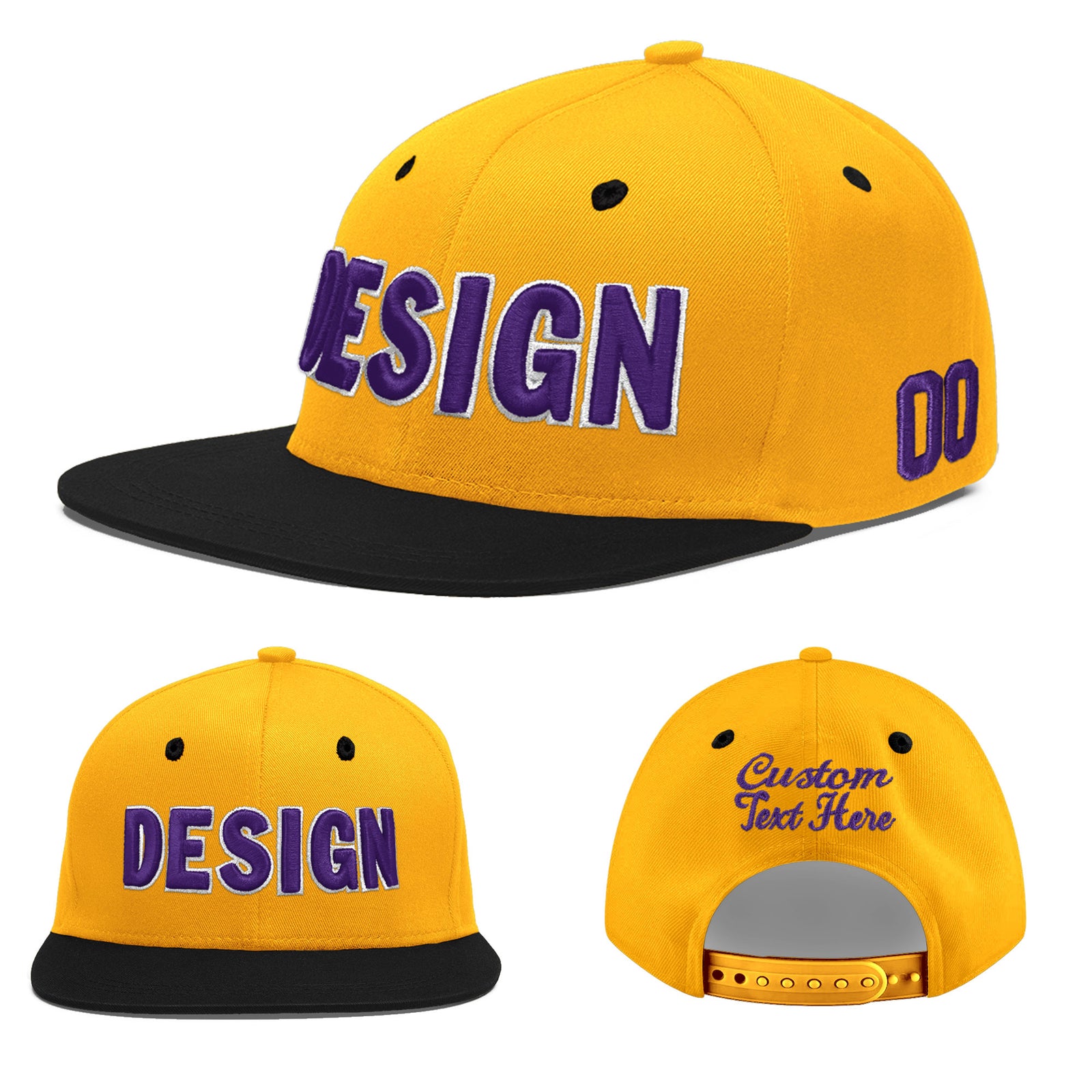 Custom Gold Black 52D Puff Embroidery Flat Embroidery Casual Sport Baseball Cap