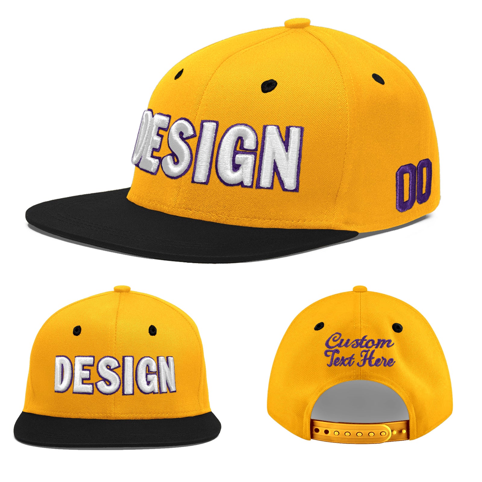 Custom Gold Black 60D Puff Embroidery Flat Embroidery Casual Sport Baseball Cap