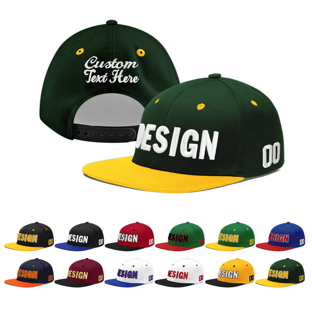Custom Green Gold 3D Puff Embroidery Flat Embroidery Casual Sport Baseball Cap