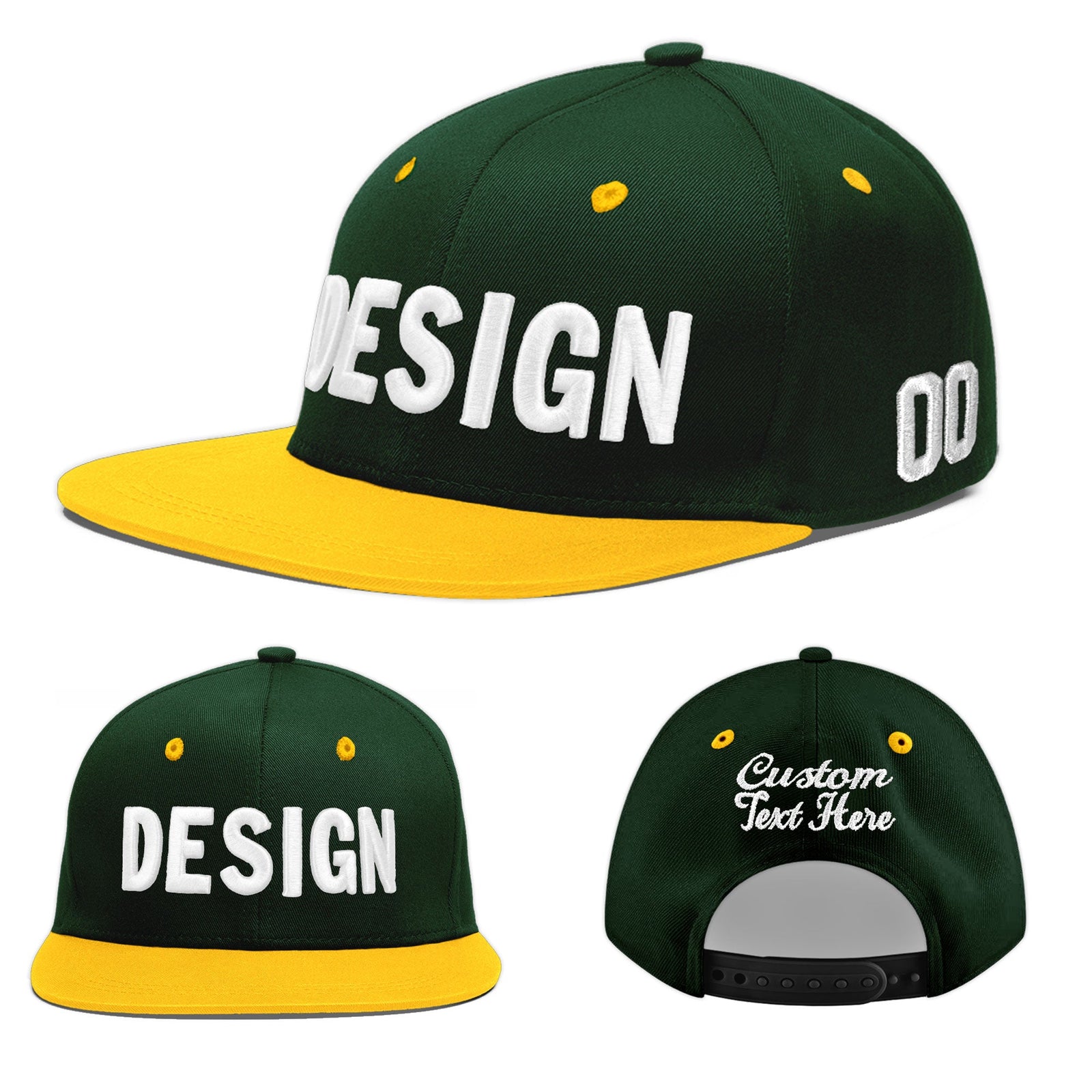 Custom Green Gold 3D Puff Embroidery Flat Embroidery Casual Sport Baseball Cap