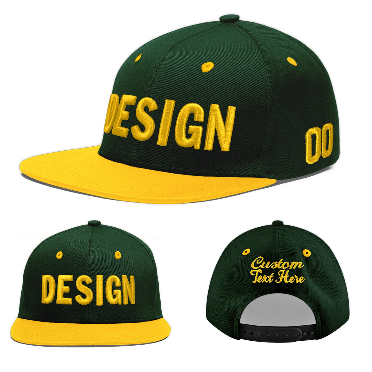 Custom Green Gold 3D Puff Embroidery Flat Embroidery Casual Sport Baseball Cap