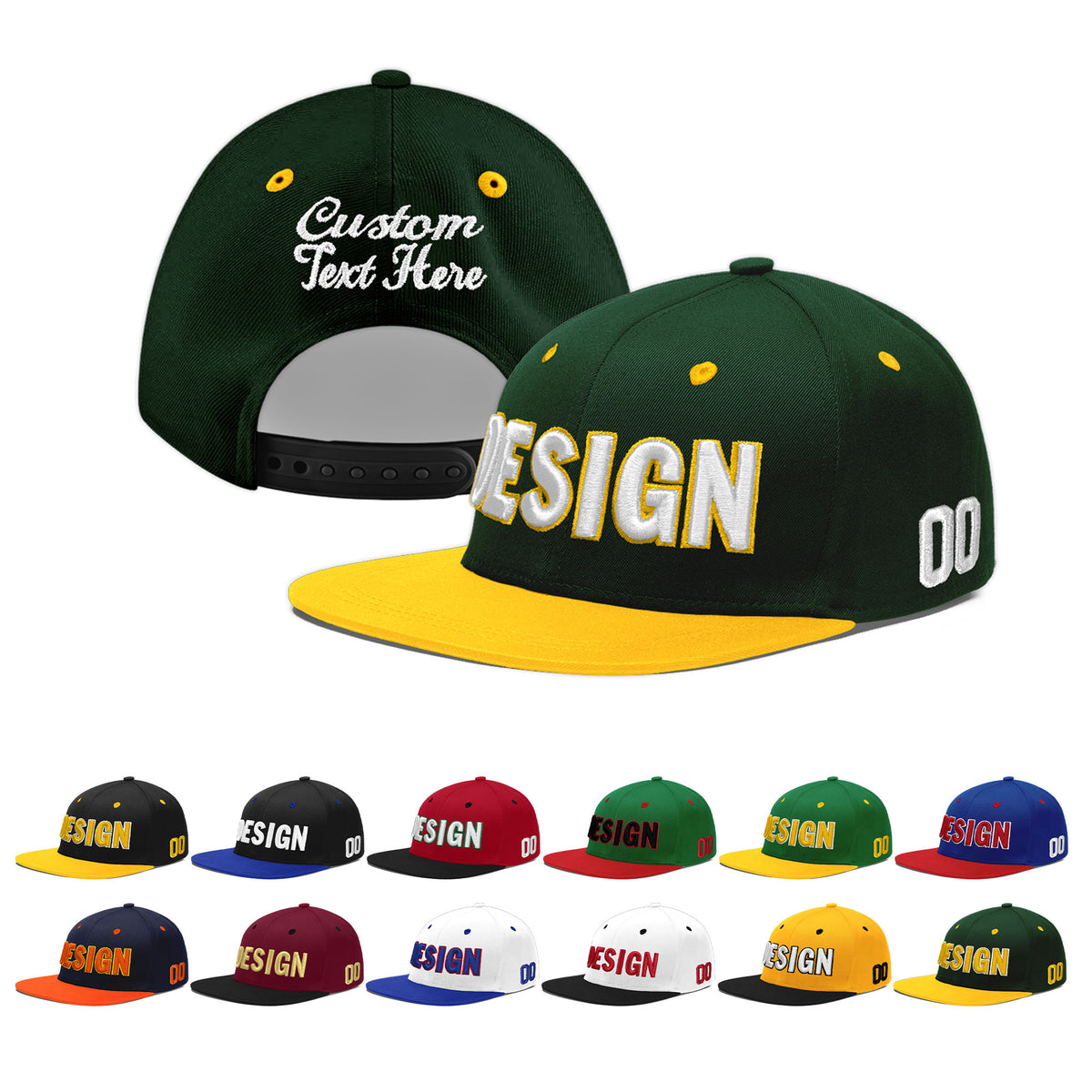 Custom Green Gold 3D Puff Embroidery Flat Embroidery Casual Sport Baseball Cap