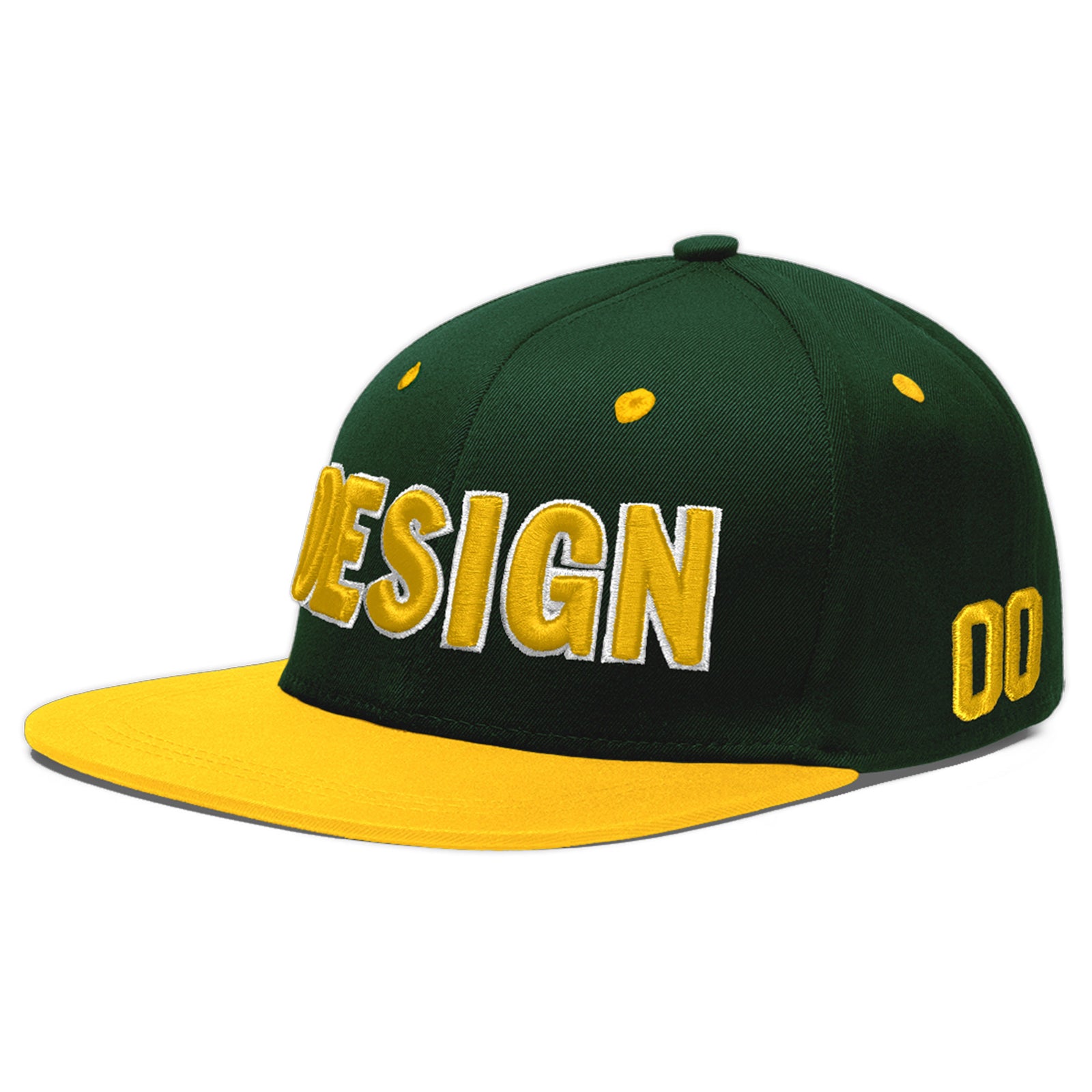 Custom Green Gold 3D Puff Embroidery Flat Embroidery Casual Sport Baseball Cap