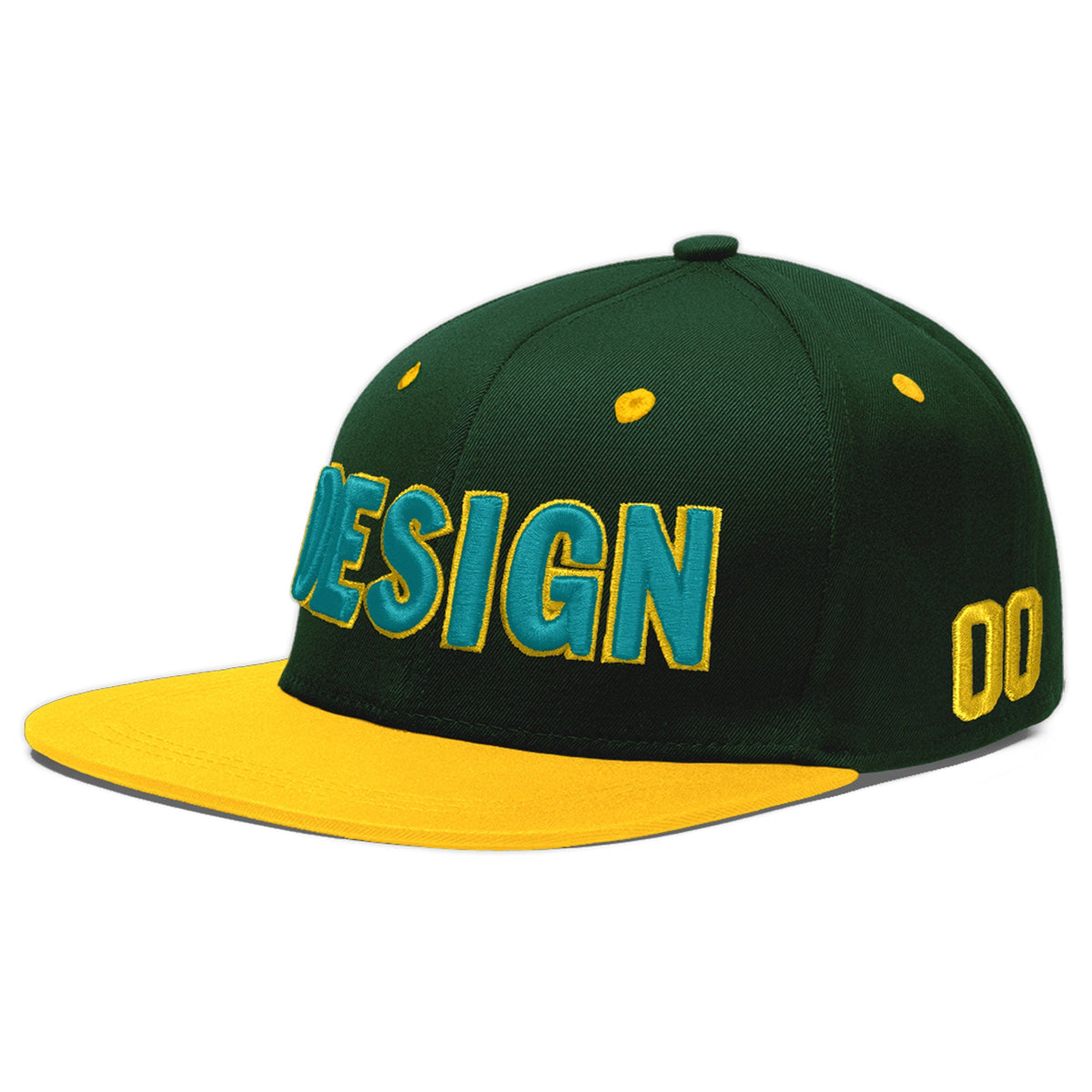 Custom Green Gold 3D Puff Embroidery Flat Embroidery Casual Sport Baseball Cap