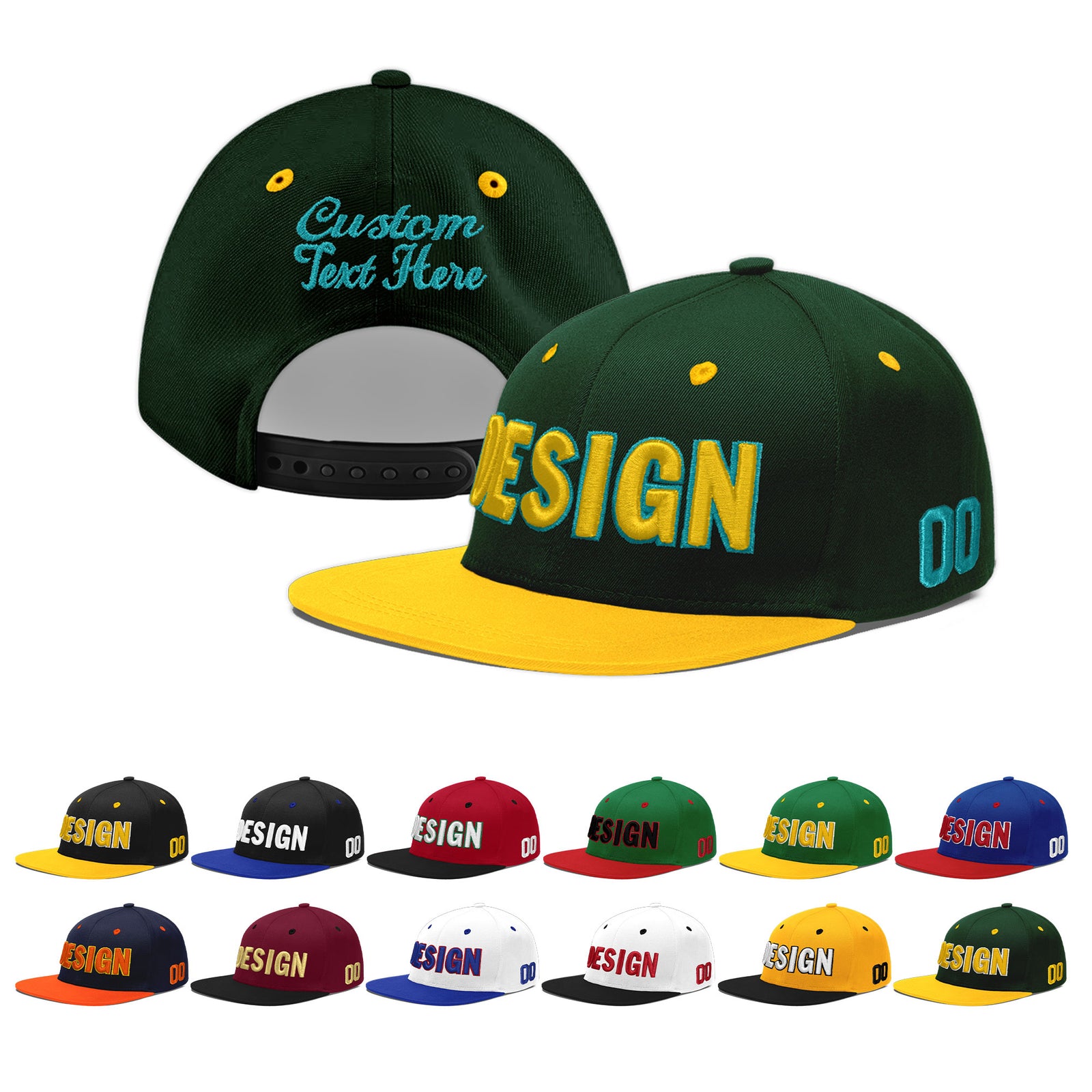 Custom Green Gold 3D Puff Embroidery Flat Embroidery Casual Sport Baseball Cap