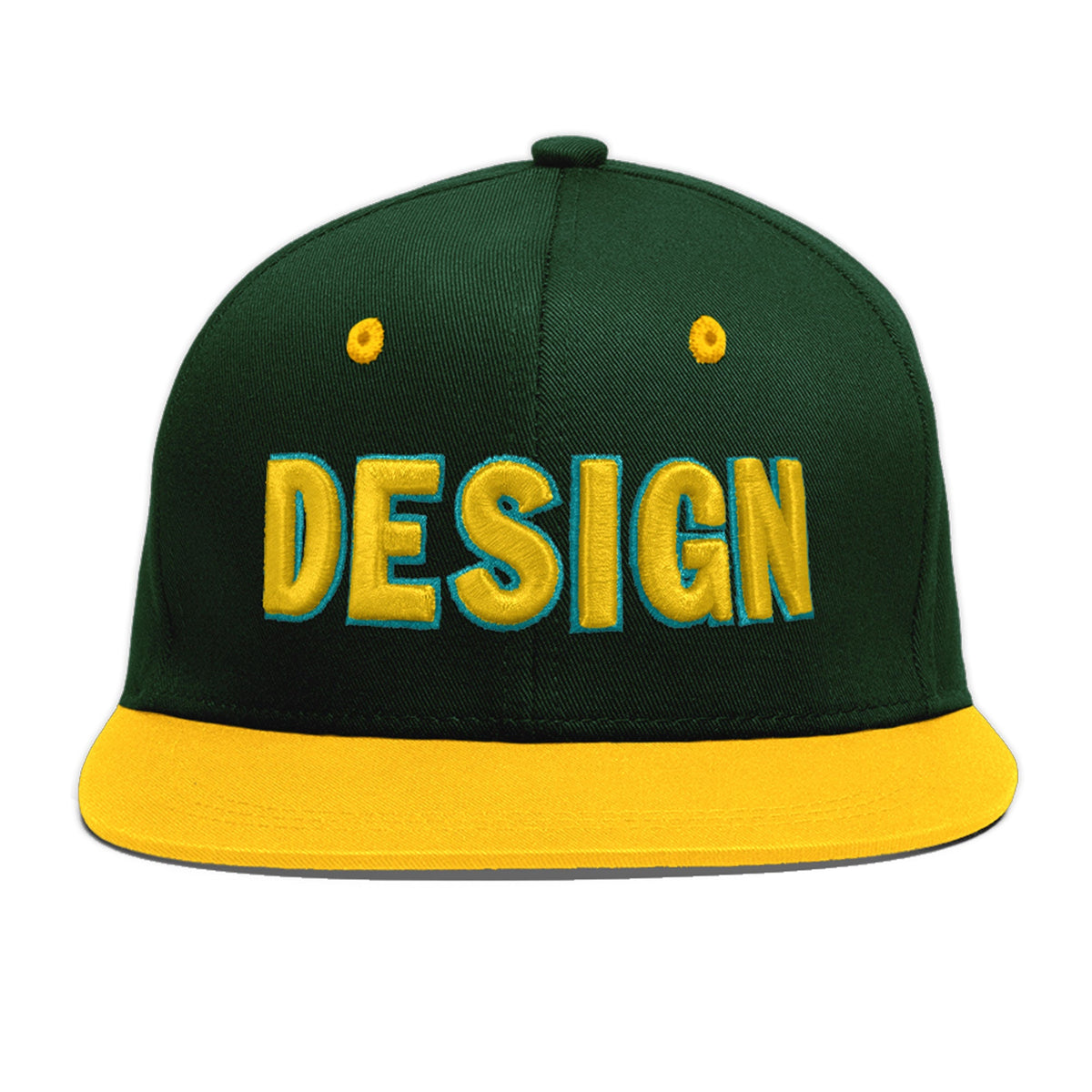 Custom Green Gold 3D Puff Embroidery Flat Embroidery Casual Sport Baseball Cap
