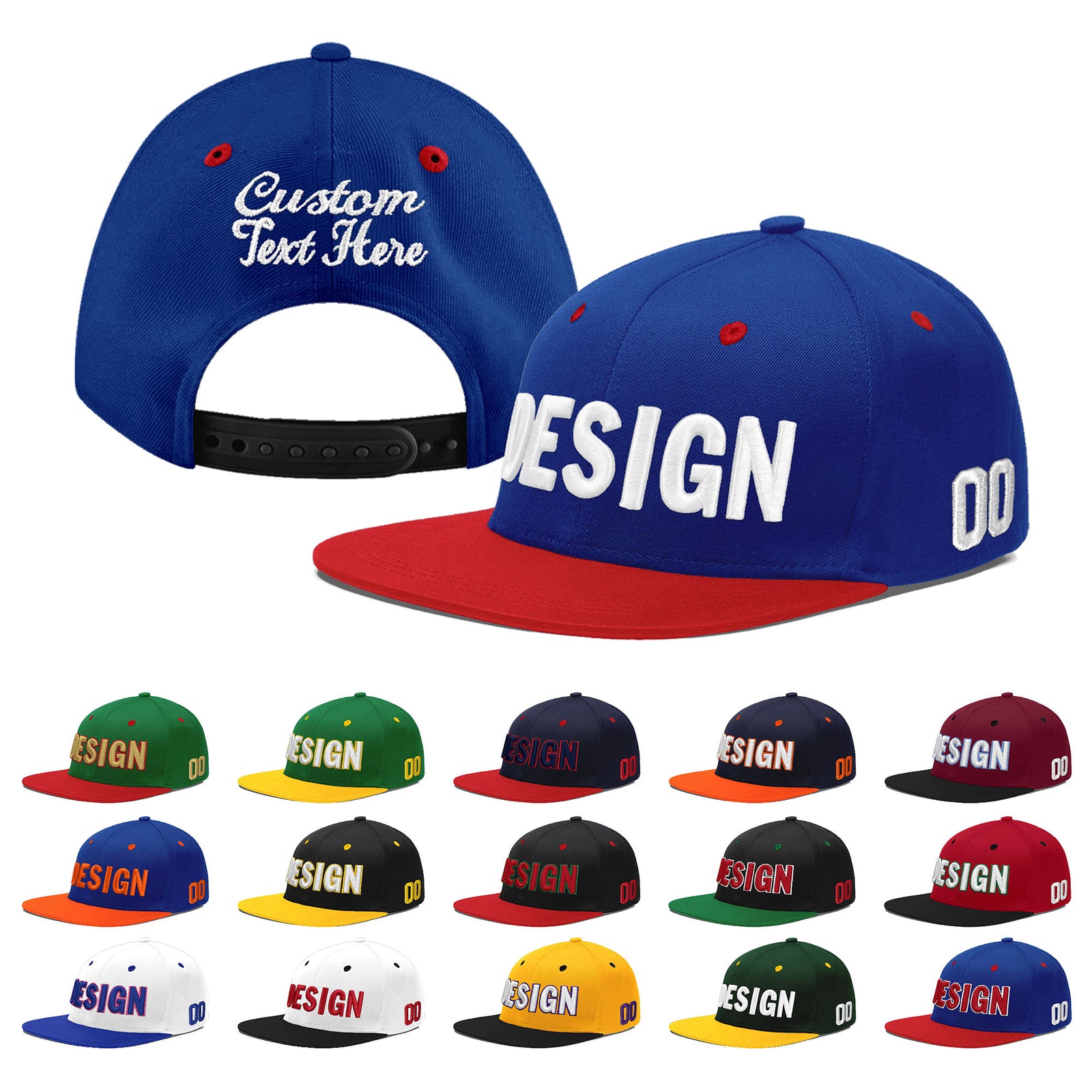 Custom Royal Blue Red 3D Puff Embroidery Flat Embroidery Casual Sport Baseball Cap