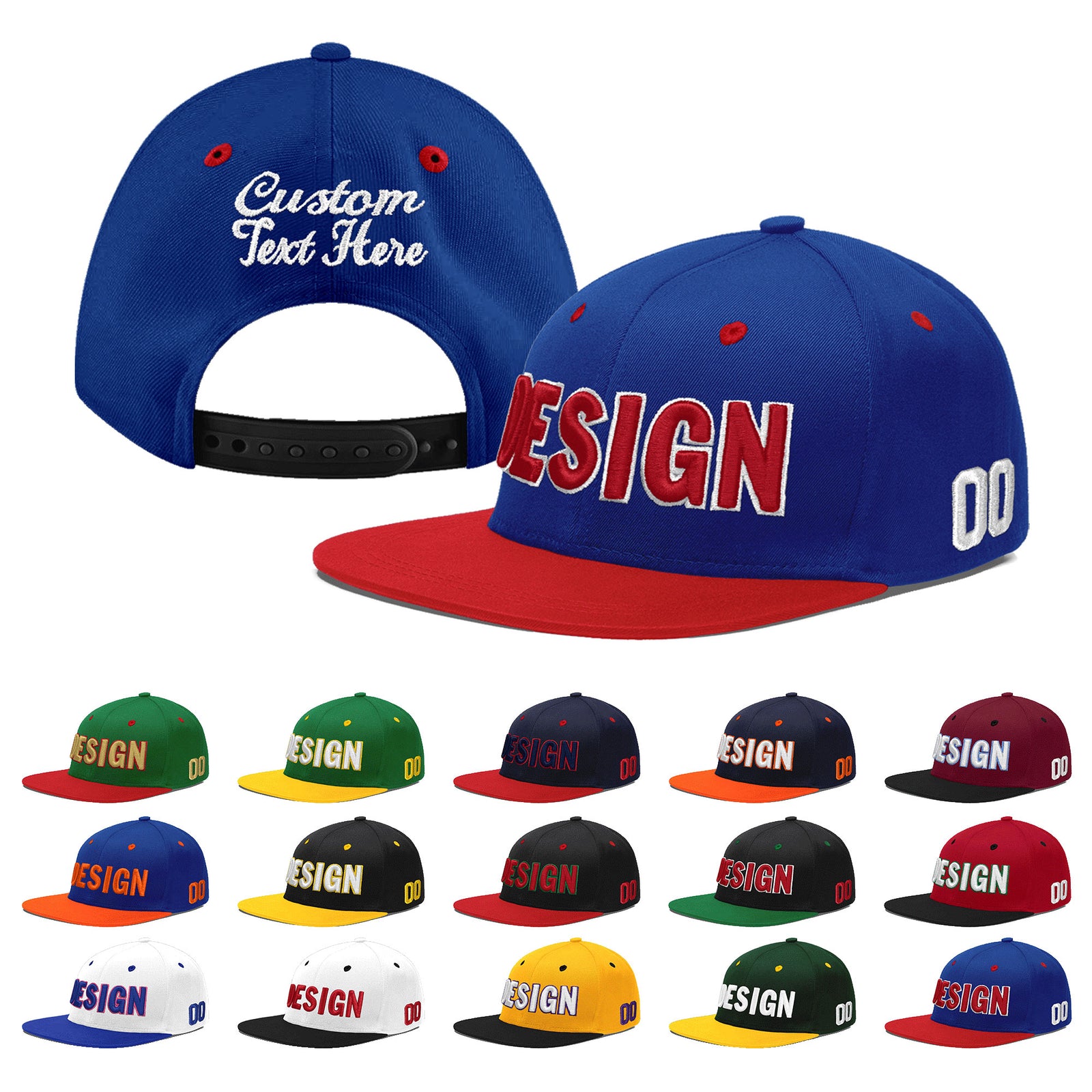 Custom Royal Blue Red 3D Puff Embroidery Flat Embroidery Casual Sport Baseball Cap