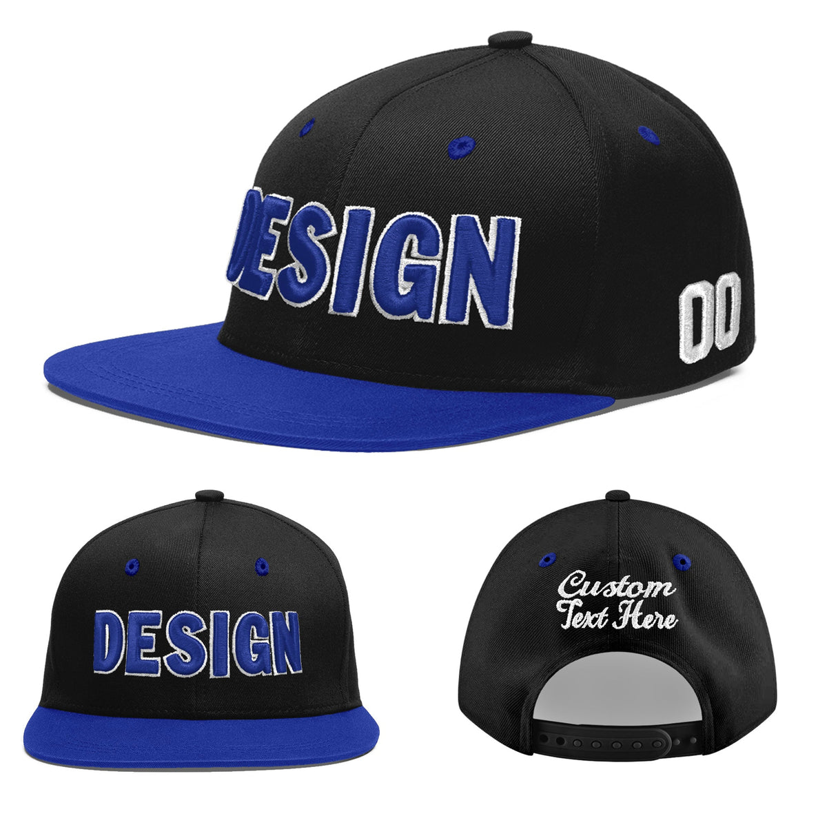Custom Black Royal Blue 3D Puff Embroidery Flat Embroidery Casual Sport Baseball Cap