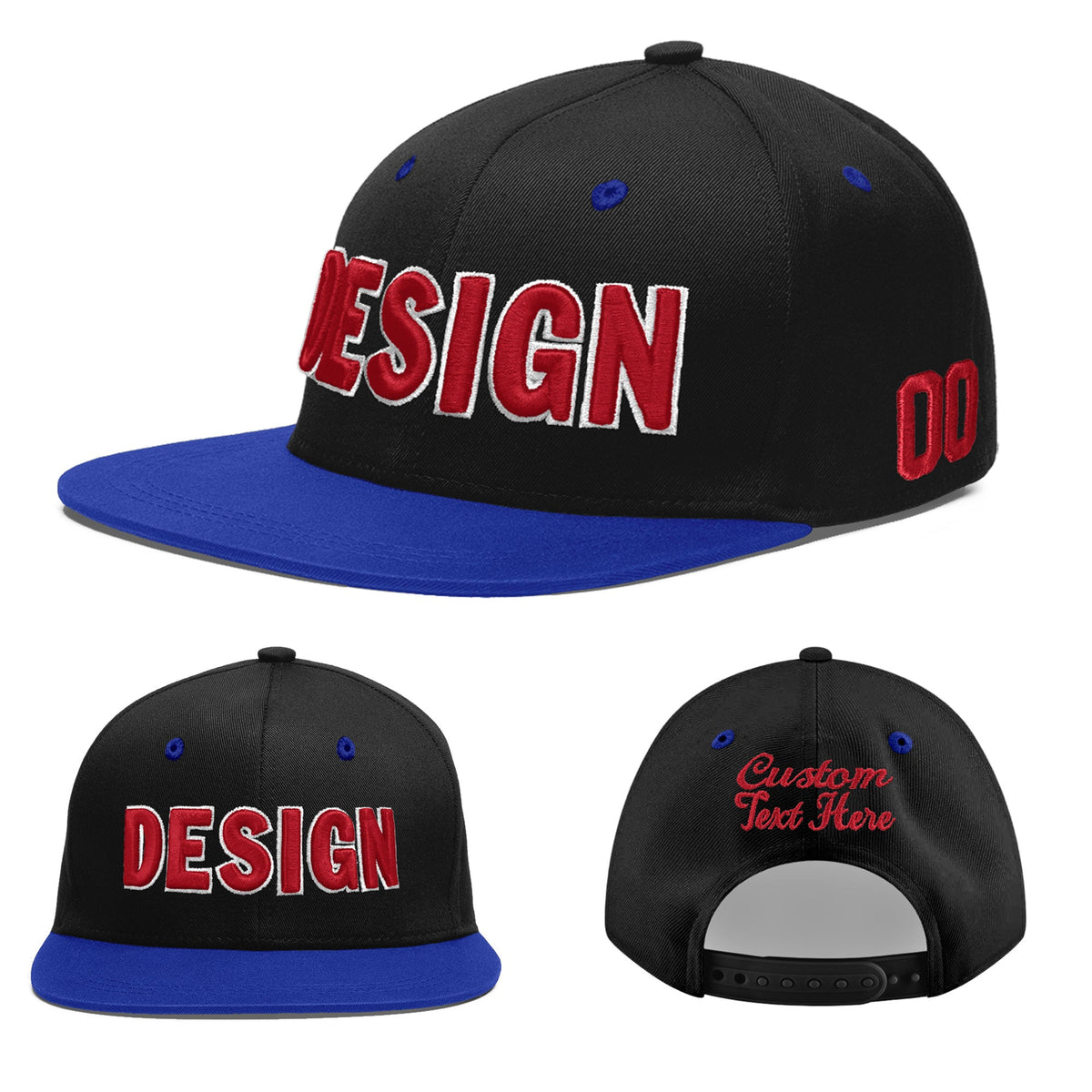 Custom Black Royal Blue 3D Puff Embroidery Flat Embroidery Casual Sport Baseball Cap