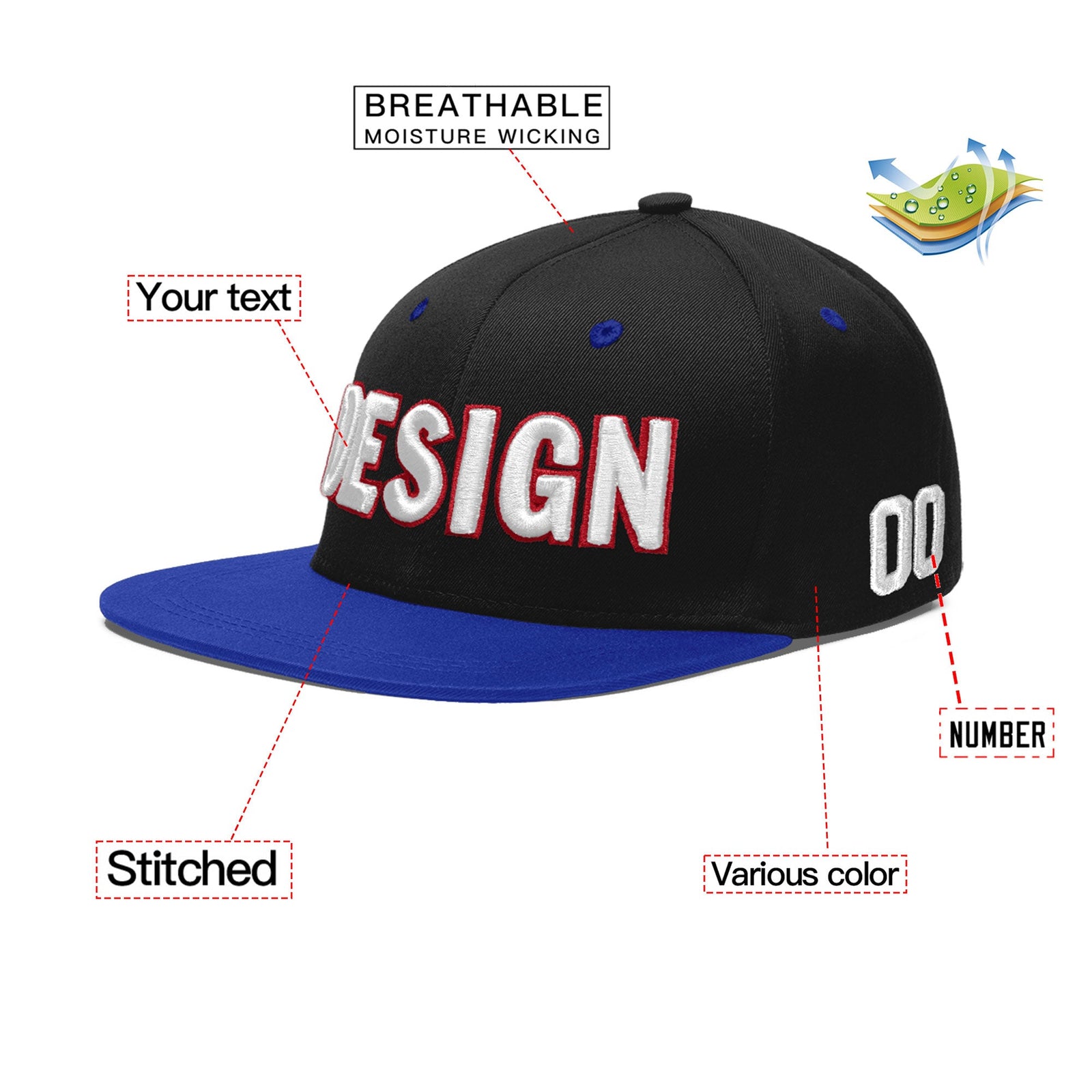 Custom Black Royal Blue 3D Puff Embroidery Flat Embroidery Casual Sport Baseball Cap