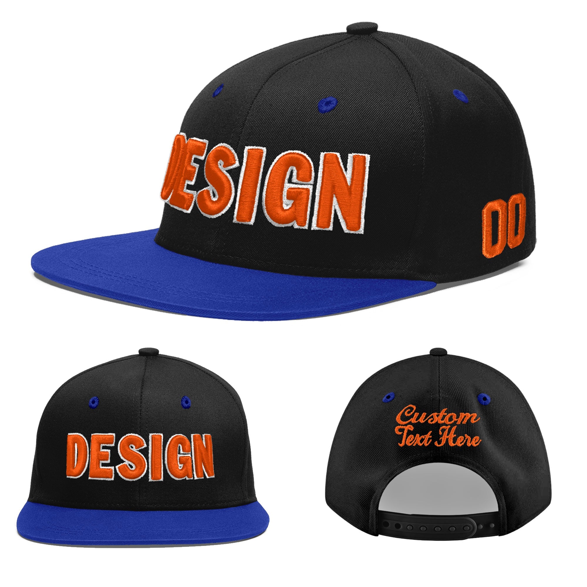 Custom Black Royal Blue 3D Puff Embroidery Flat Embroidery Casual Sport Baseball Cap