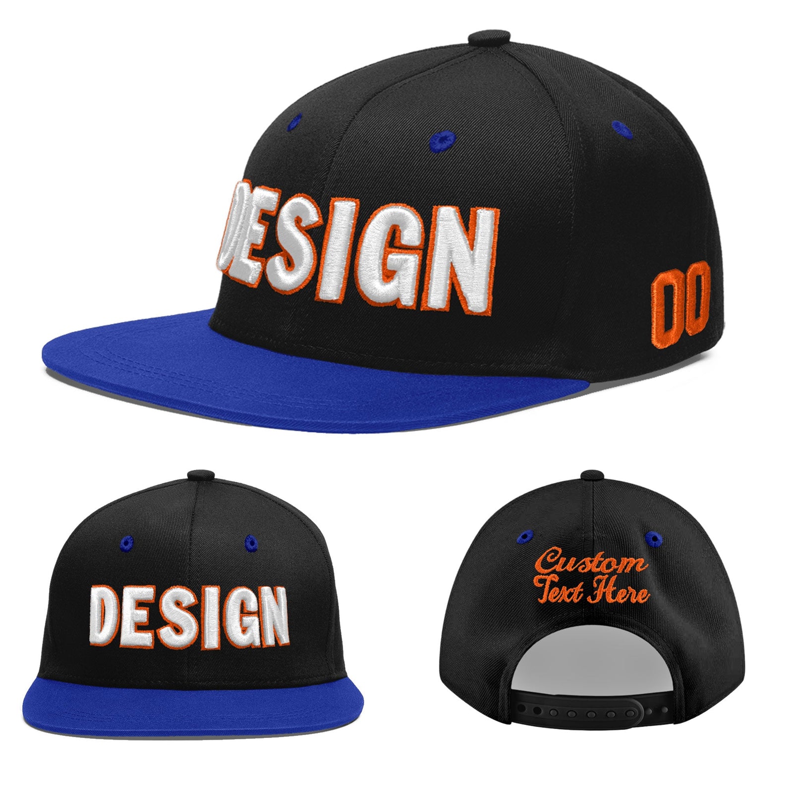 Custom Black Royal Blue 3D Puff Embroidery Flat Embroidery Casual Sport Baseball Cap