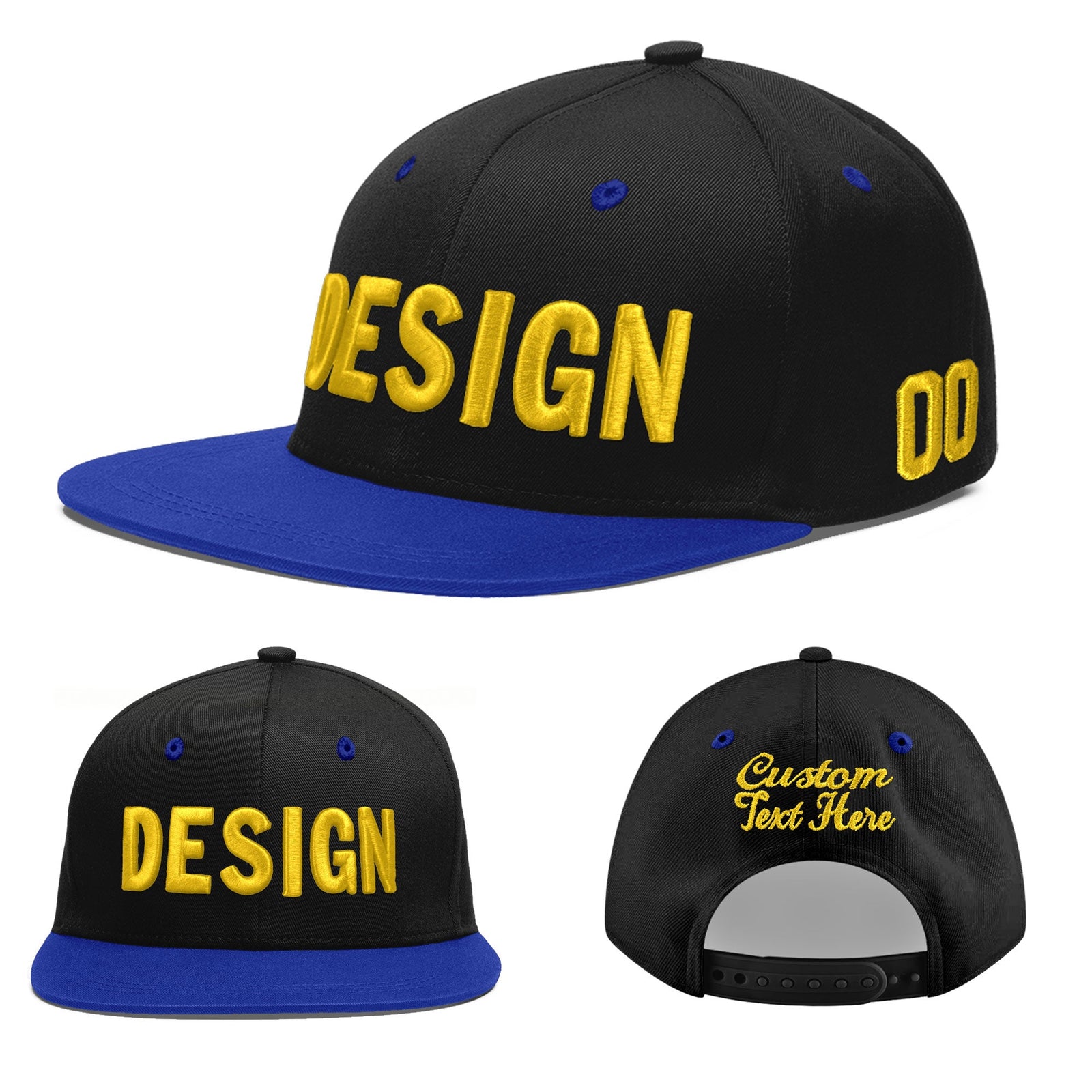 Custom Black Royal Blue 3D Puff Embroidery Flat Embroidery Casual Sport Baseball Cap