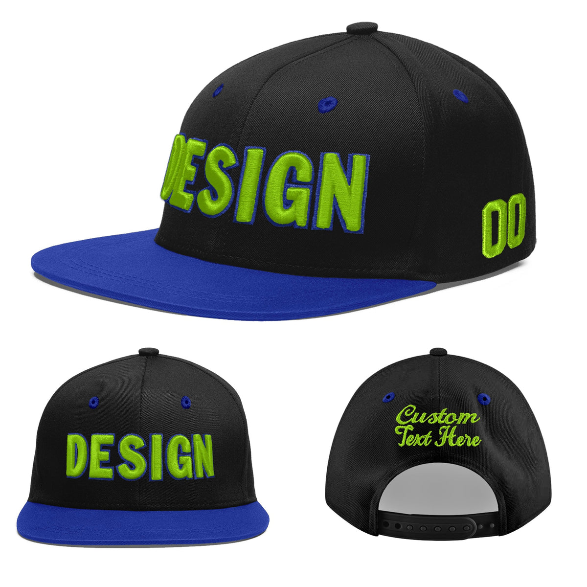 Custom Black Royal Blue 3D Puff Embroidery Flat Embroidery Casual Sport Baseball Cap