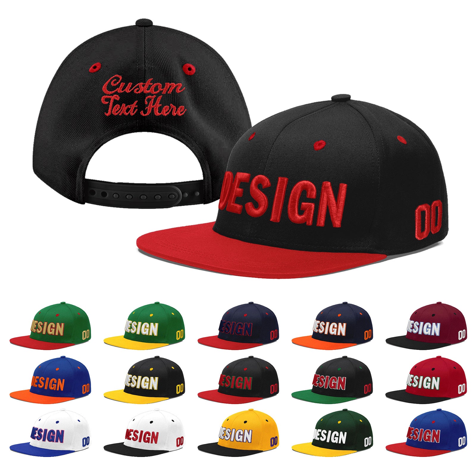Custom Black Red 3D Puff Embroidery Flat Embroidery Casual Sport Baseball Cap