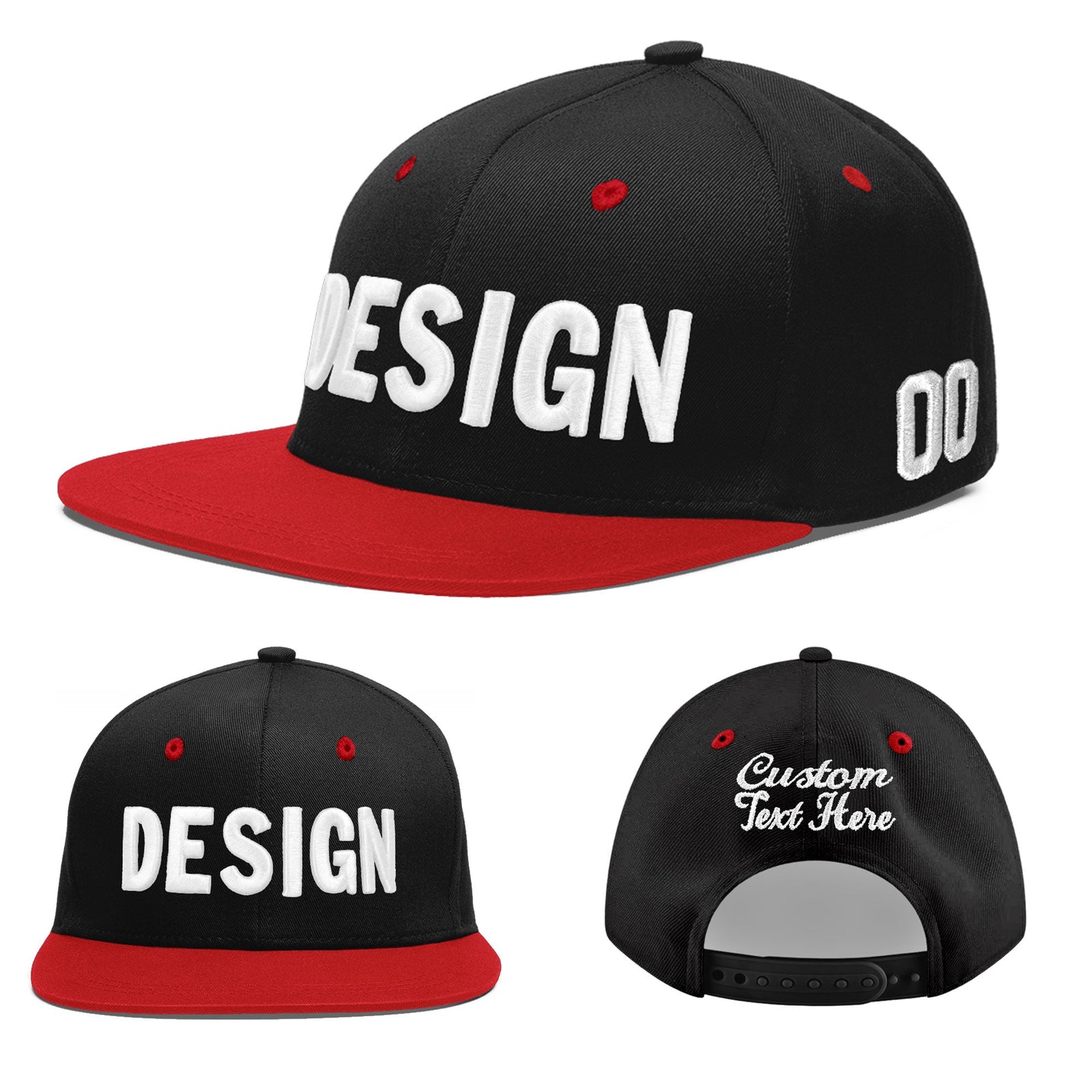 Custom Black Red 3D Puff Embroidery Flat Embroidery Casual Sport Baseball Cap