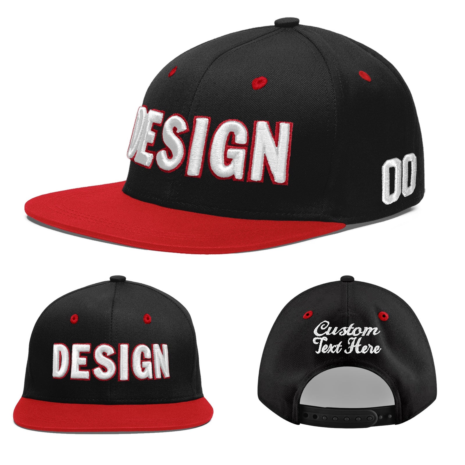 Custom Black Red 3D Puff Embroidery Flat Embroidery Casual Sport Baseball Cap