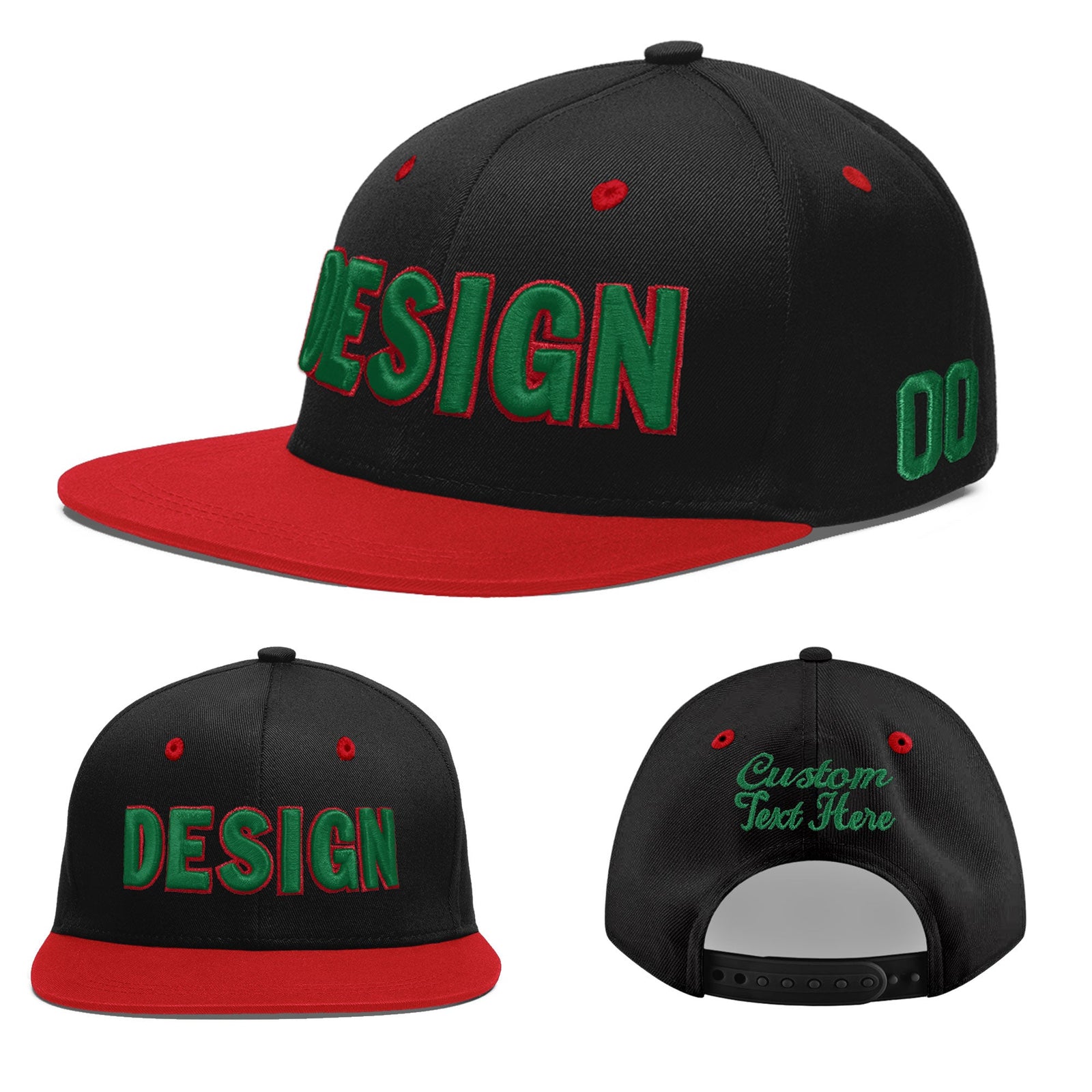 Custom Black Red 3D Puff Embroidery Flat Embroidery Casual Sport Baseball Cap