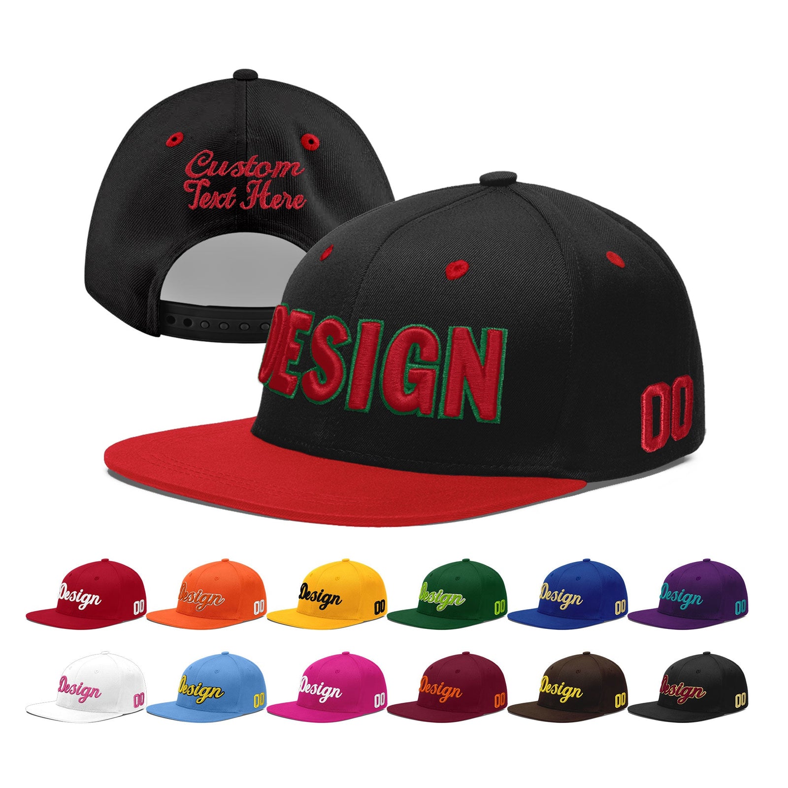 Custom Black Red 3D Puff Embroidery Flat Embroidery Casual Sport Baseball Cap
