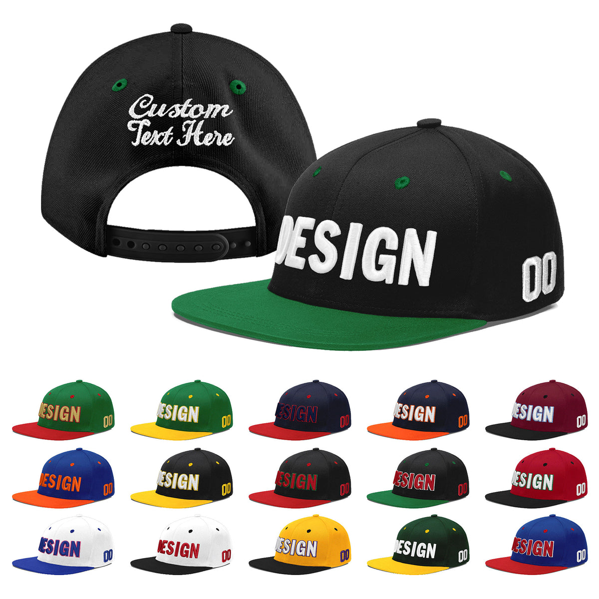 Custom Black Kelly Green 3D Puff Embroidery Flat Embroidery Casual Sport Baseball Cap