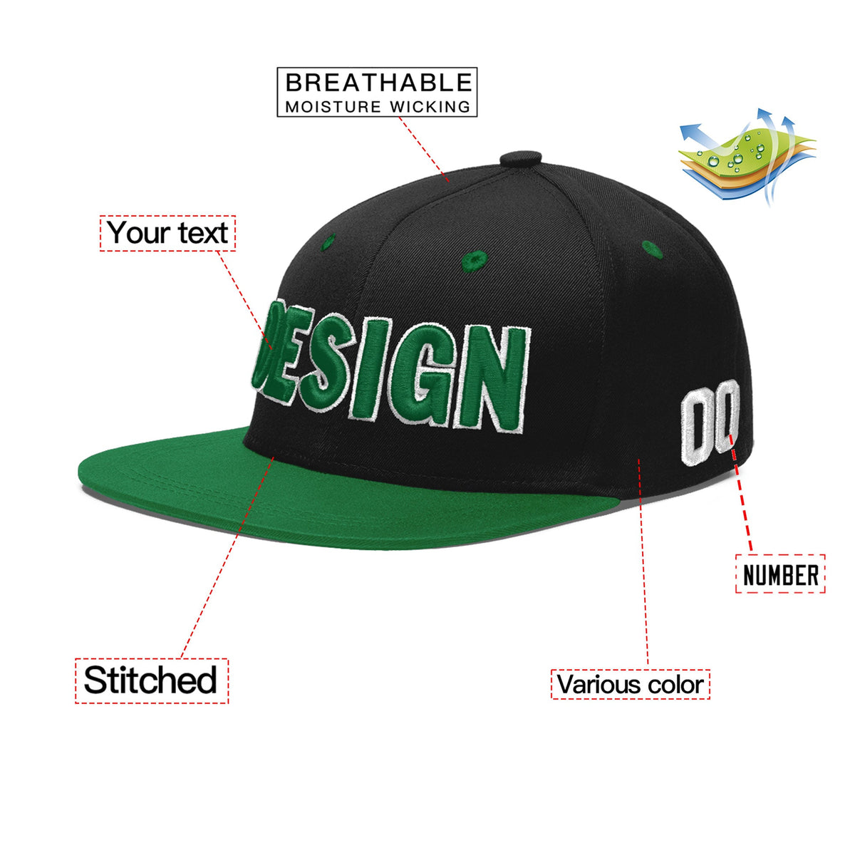 Custom Black Kelly Green 3D Puff Embroidery Flat Embroidery Casual Sport Baseball Cap