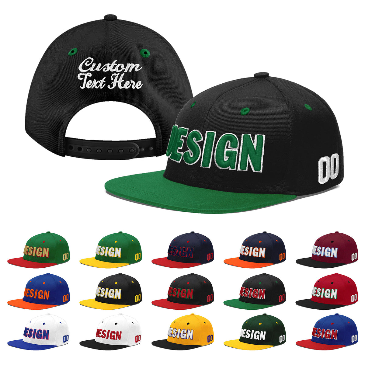Custom Black Kelly Green 3D Puff Embroidery Flat Embroidery Casual Sport Baseball Cap