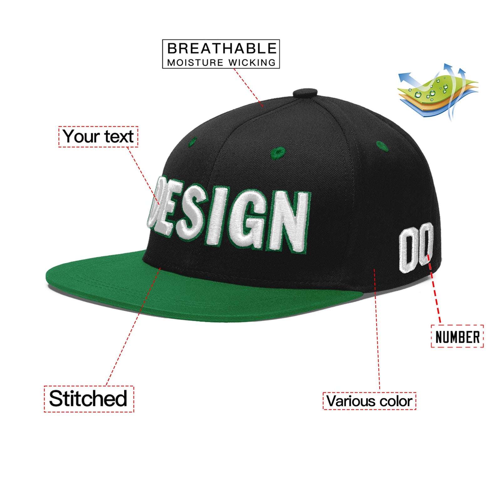 Custom Black Kelly Green 3D Puff Embroidery Flat Embroidery Casual Sport Baseball Cap