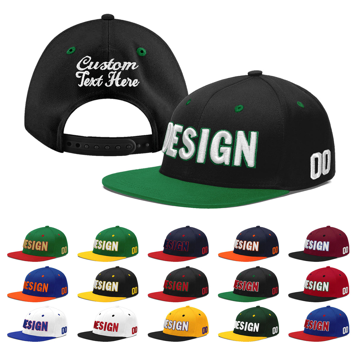Custom Black Kelly Green 3D Puff Embroidery Flat Embroidery Casual Sport Baseball Cap