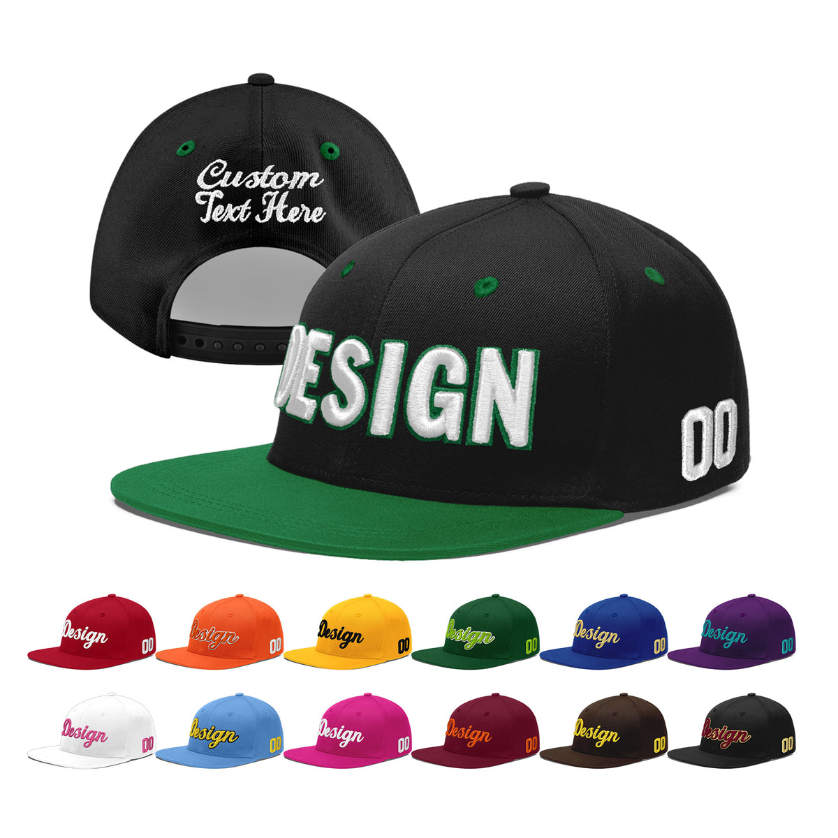 Custom Black Kelly Green 3D Puff Embroidery Flat Embroidery Casual Sport Baseball Cap