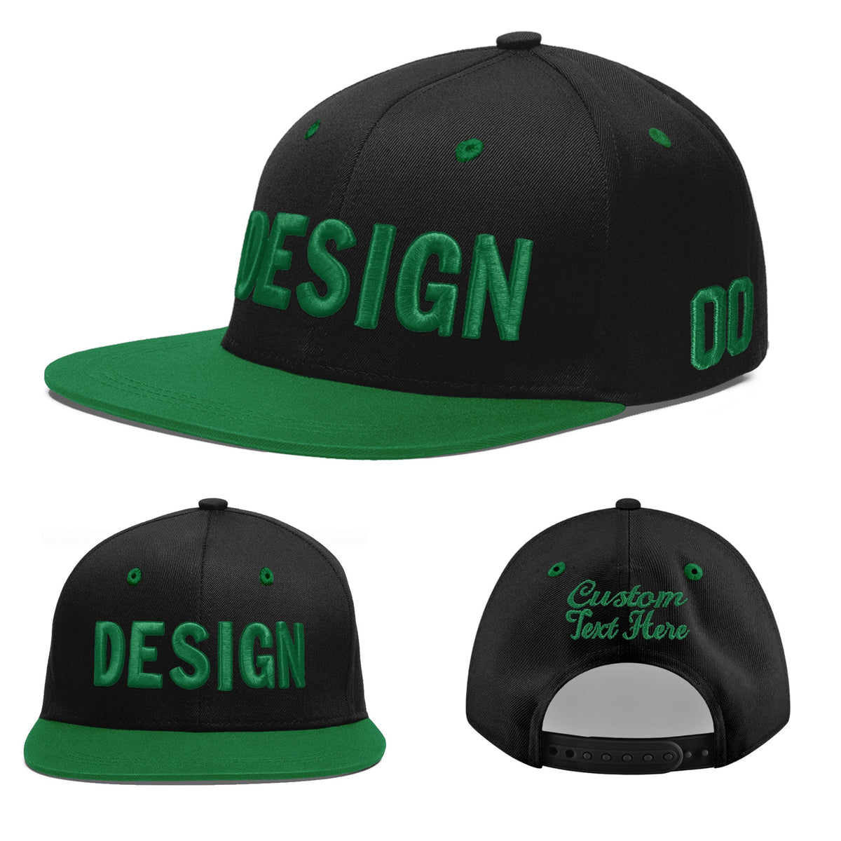 Custom Black Kelly Green 3D Puff Embroidery Flat Embroidery Casual Sport Baseball Cap