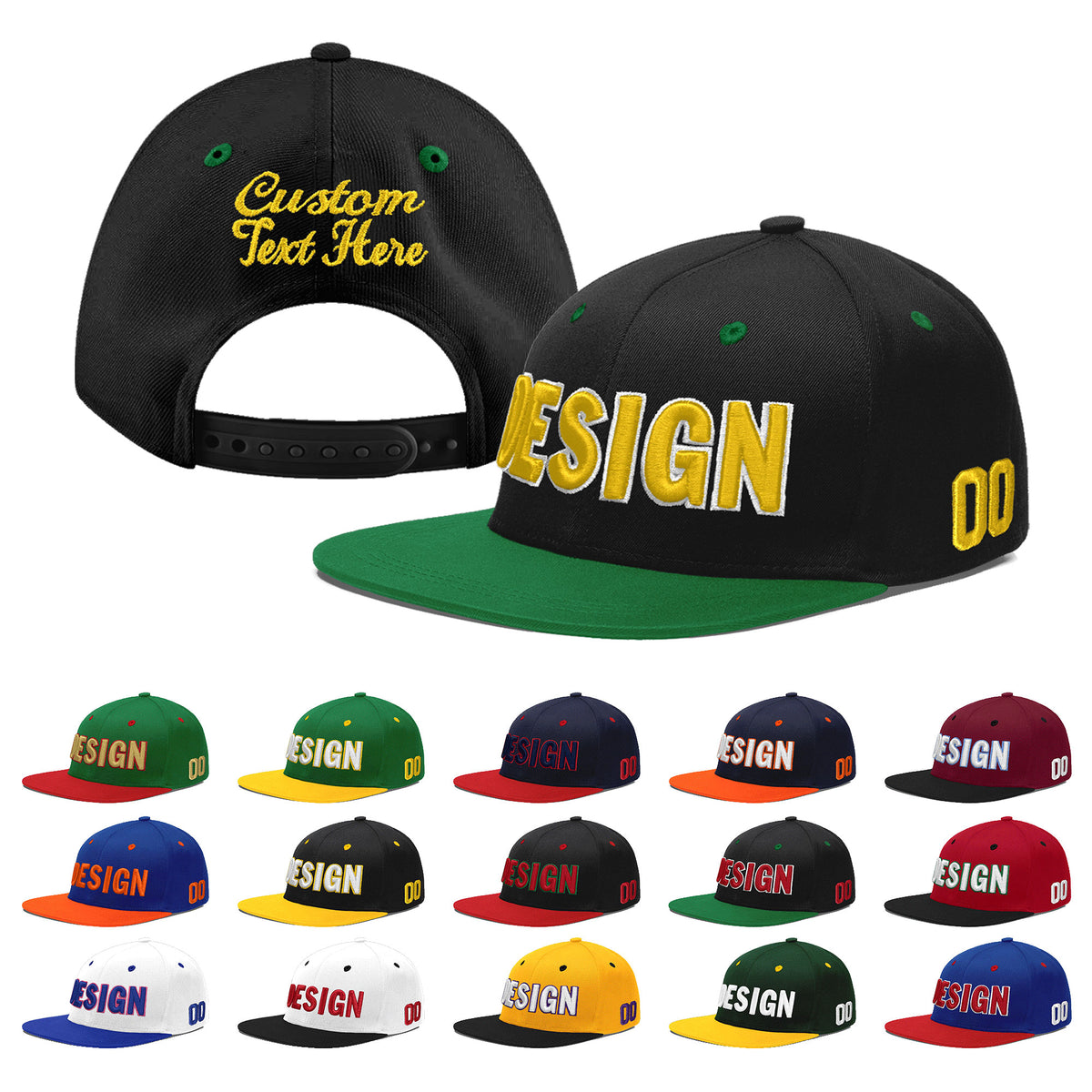 Custom Black Kelly Green 3D Puff Embroidery Flat Embroidery Casual Sport Baseball Cap