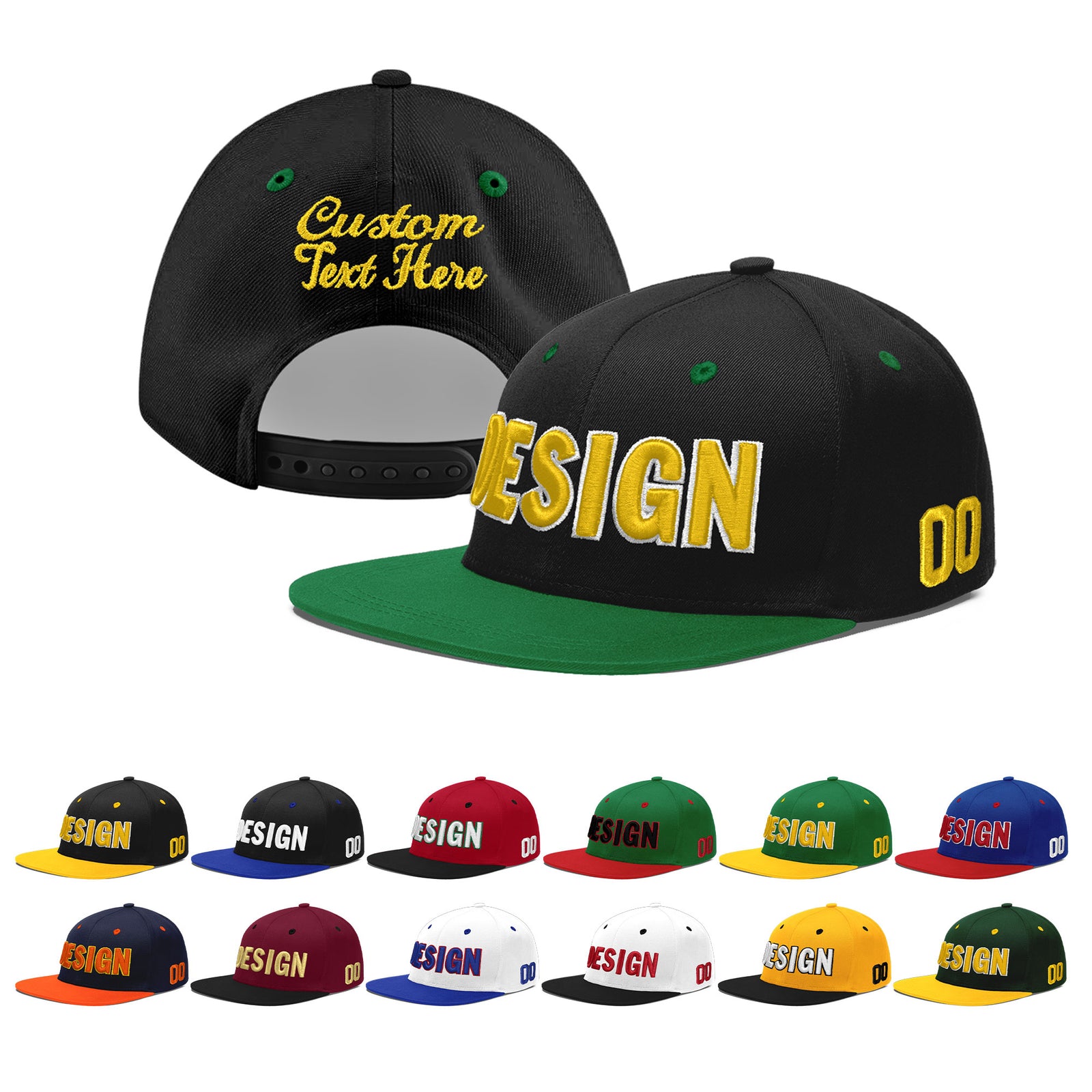 Custom Black Kelly Green 3D Puff Embroidery Flat Embroidery Casual Sport Baseball Cap