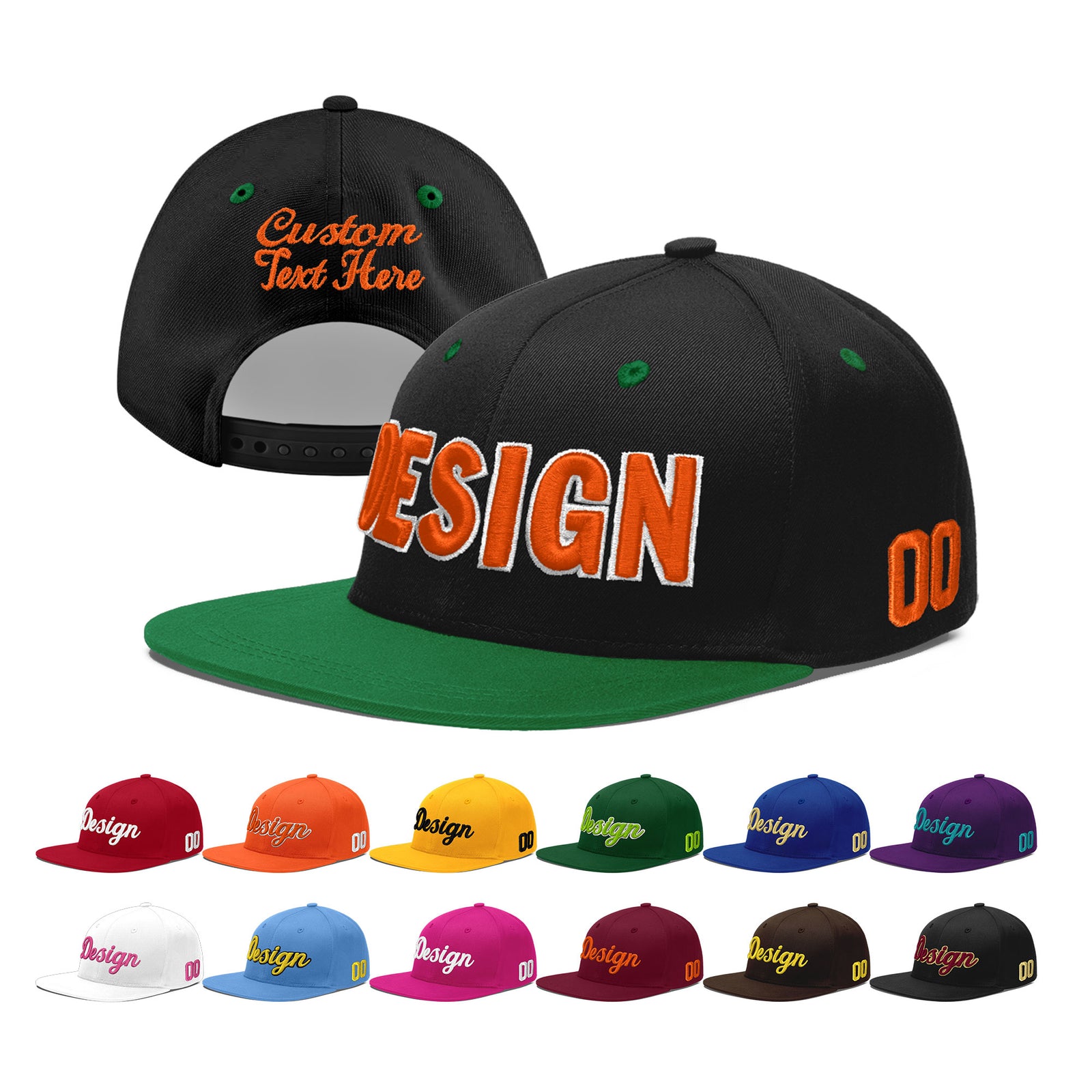 Custom Black Kelly Green 3D Puff Embroidery Flat Embroidery Casual Sport Baseball Cap