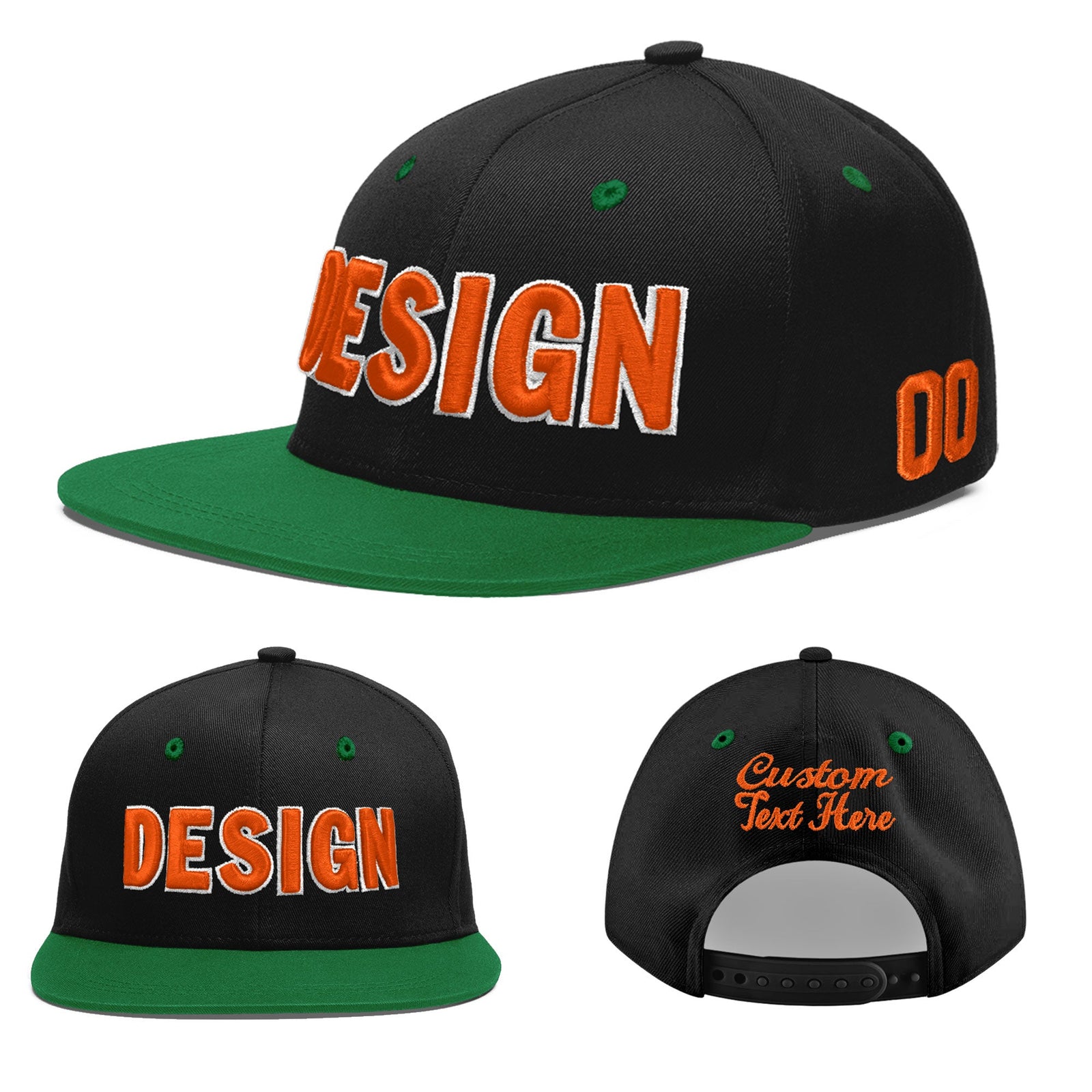Custom Black Kelly Green 3D Puff Embroidery Flat Embroidery Casual Sport Baseball Cap