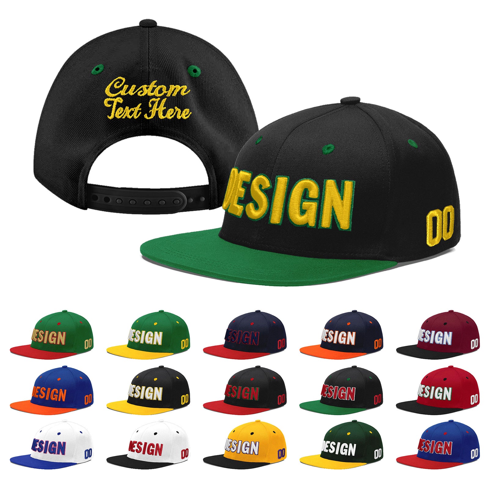 Custom Black Kelly Green 3D Puff Embroidery Flat Embroidery Casual Sport Baseball Cap