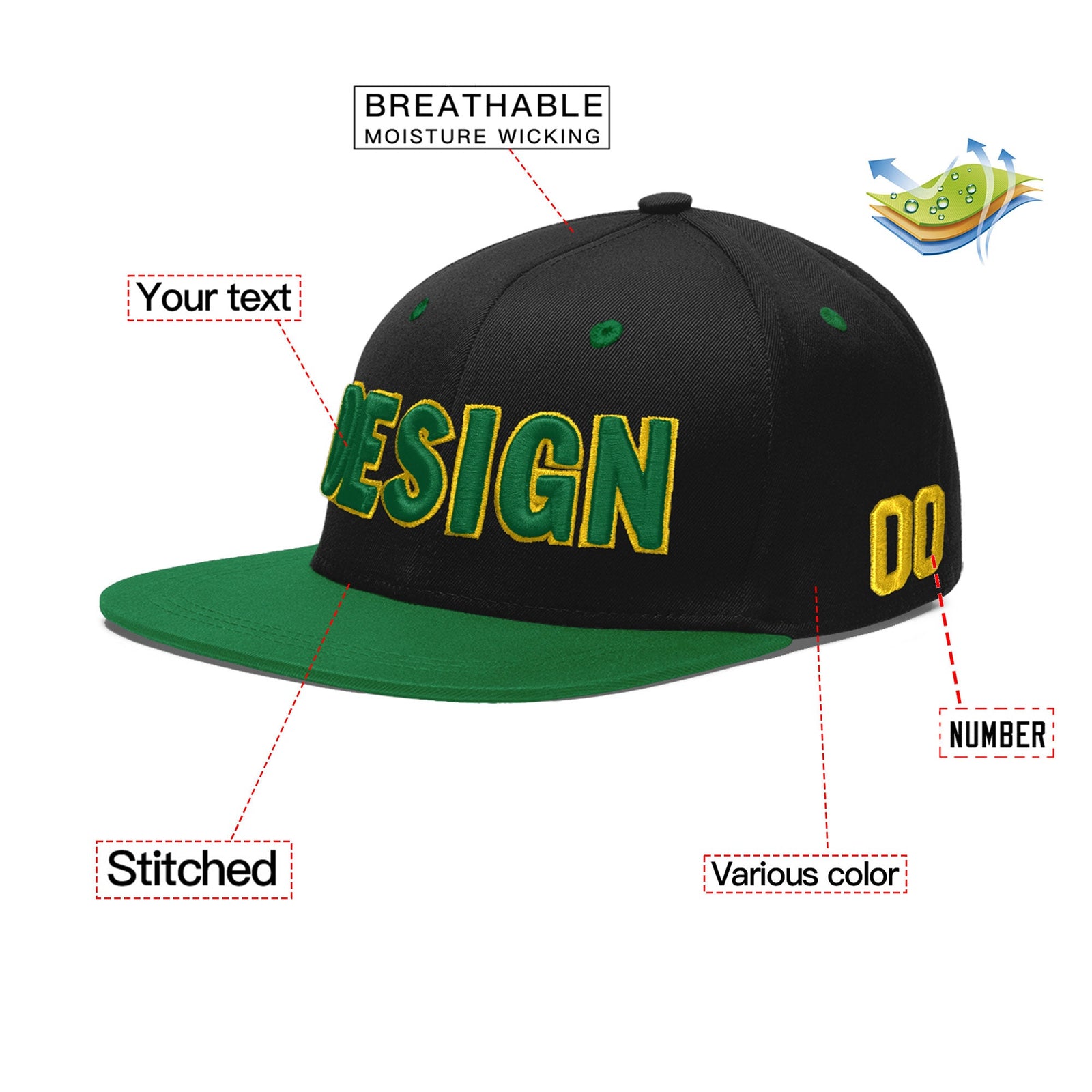 Custom Black Kelly Green 3D Puff Embroidery Flat Embroidery Casual Sport Baseball Cap