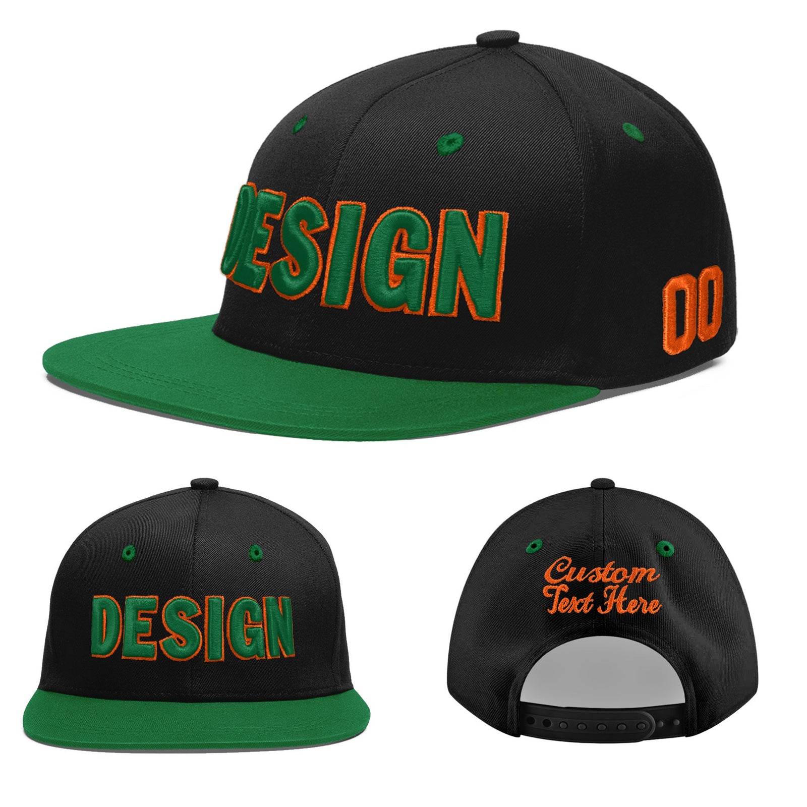Custom Black Kelly Green 3D Puff Embroidery Flat Embroidery Casual Sport Baseball Cap