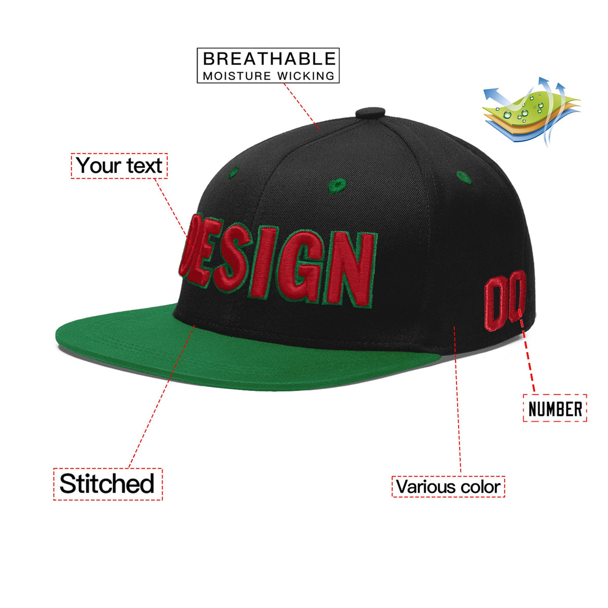 Custom Black Kelly Green 3D Puff Embroidery Flat Embroidery Casual Sport Baseball Cap