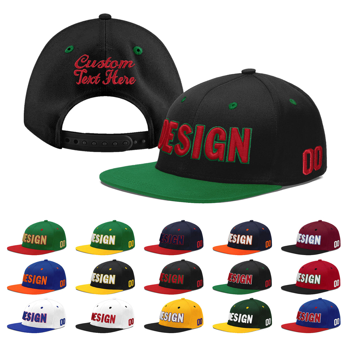 Custom Black Kelly Green 3D Puff Embroidery Flat Embroidery Casual Sport Baseball Cap
