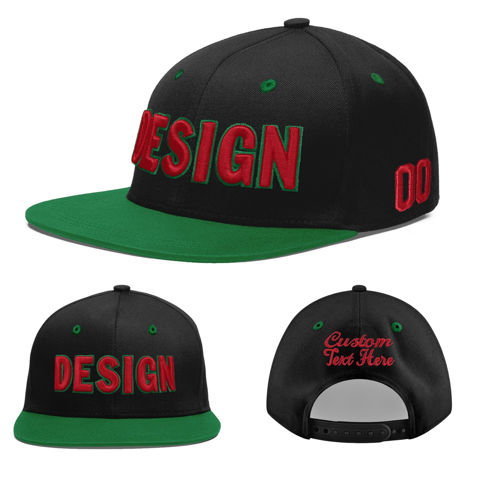 Custom Black Kelly Green 3D Puff Embroidery Flat Embroidery Casual Sport Baseball Cap
