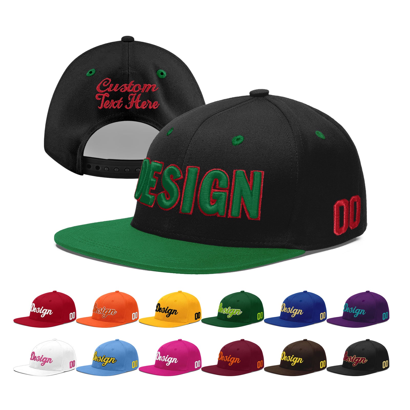 Custom Black Kelly Green 3D Puff Embroidery Flat Embroidery Casual Sport Baseball Cap