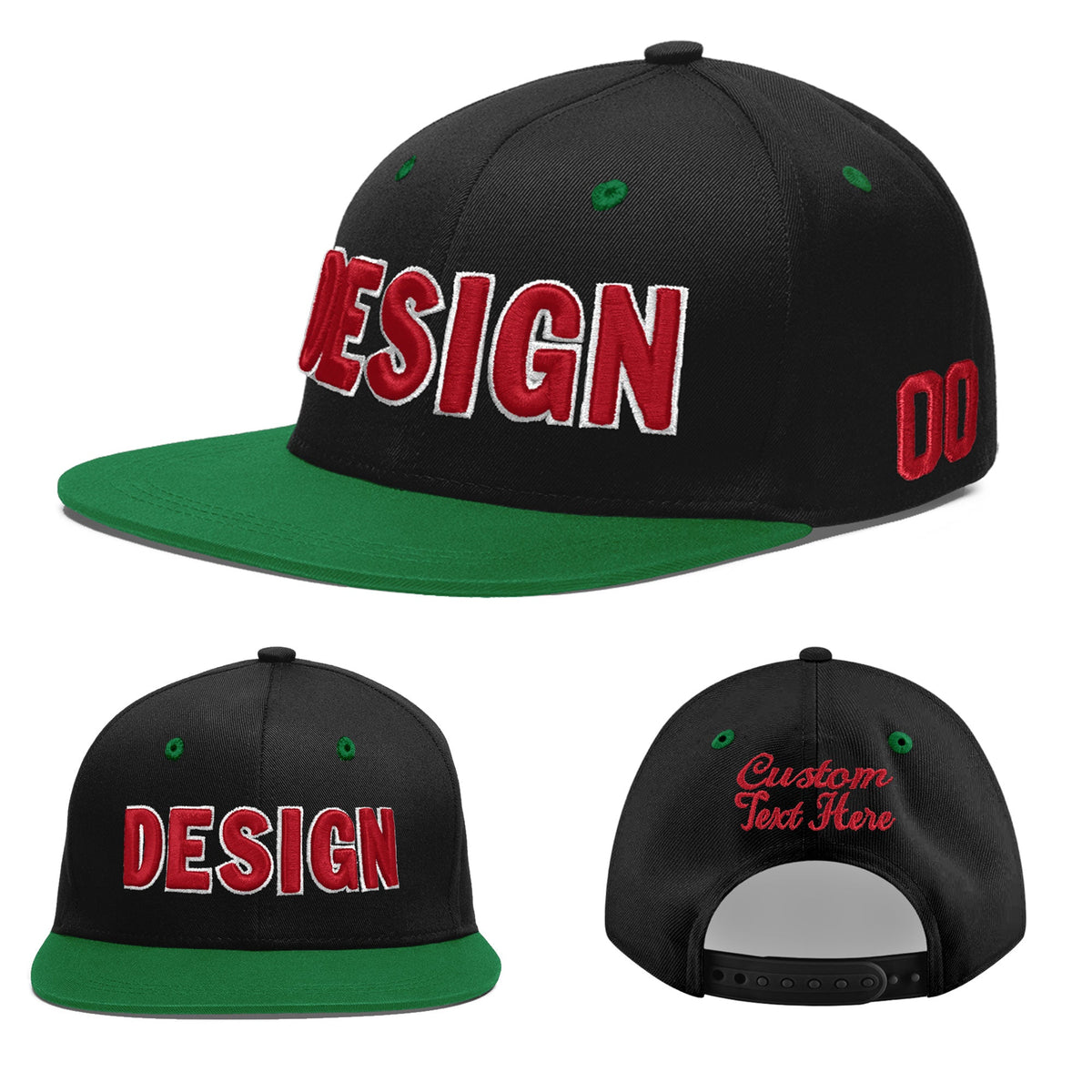 Custom Black Kelly Green 3D Puff Embroidery Flat Embroidery Casual Sport Baseball Cap