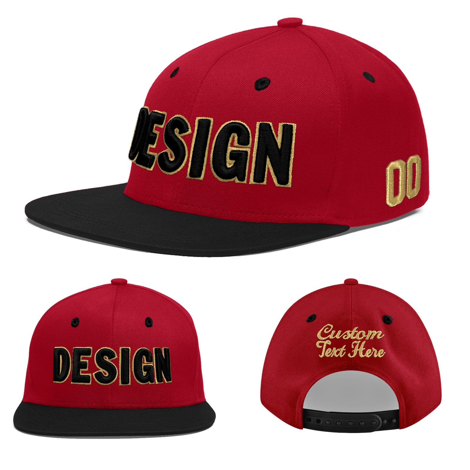 Custom Red Black 3D Puff Embroidery Flat Embroidery Casual Sport Baseball Cap