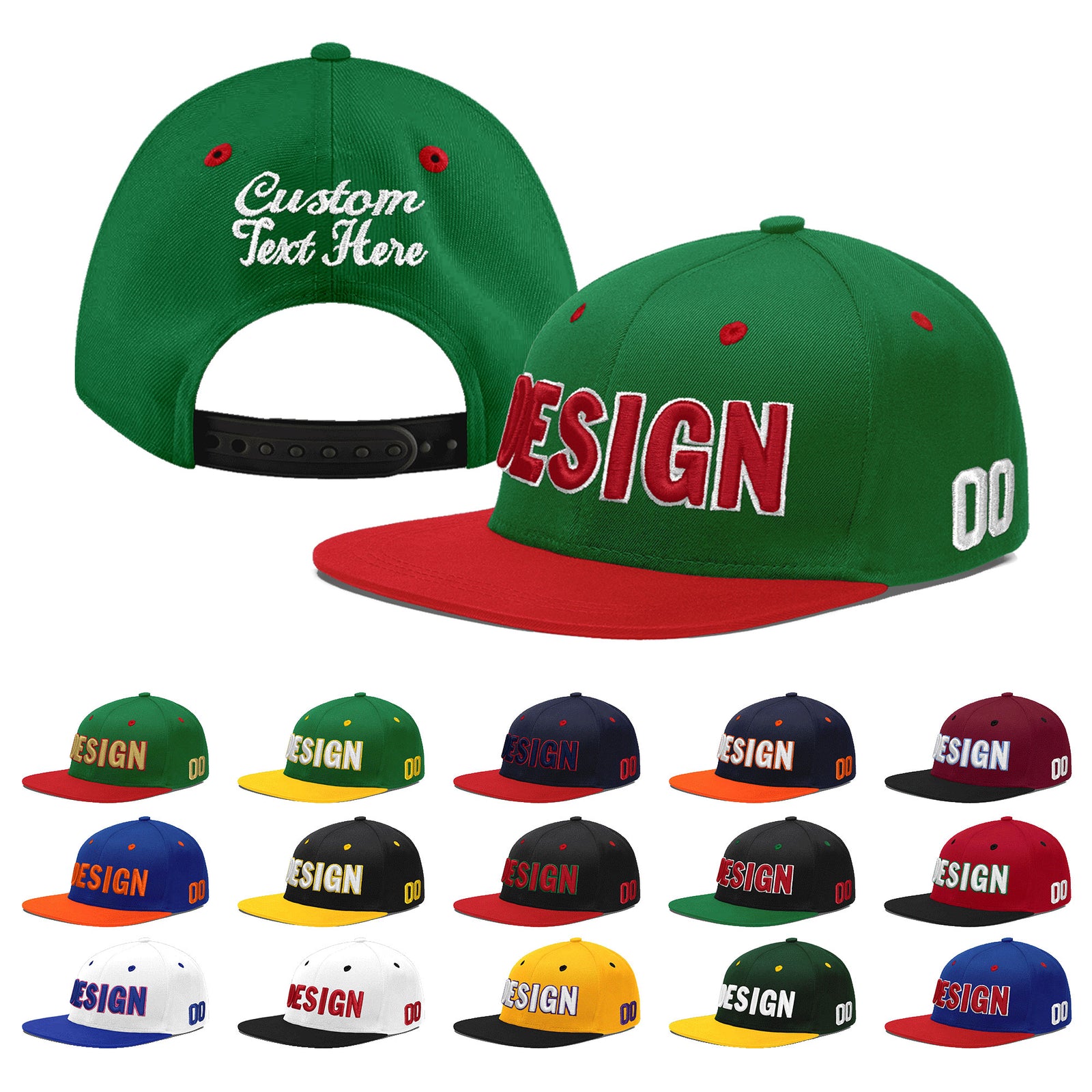 Custom Kelly Green Red 3D Puff Embroidery Flat Embroidery Casual Sport Baseball Cap