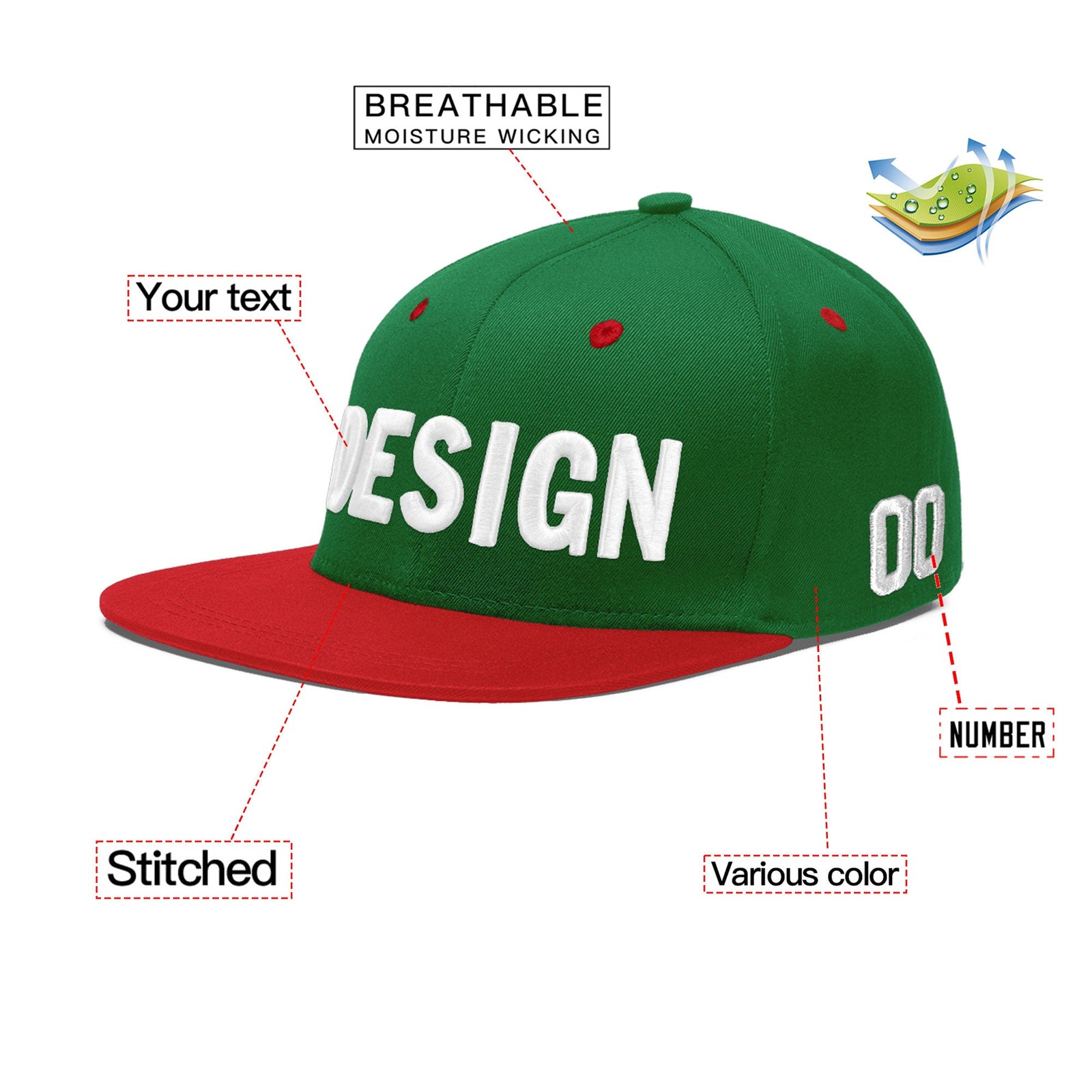 Custom Kelly Green Red 3D Puff Embroidery Flat Embroidery Casual Sport Baseball Cap