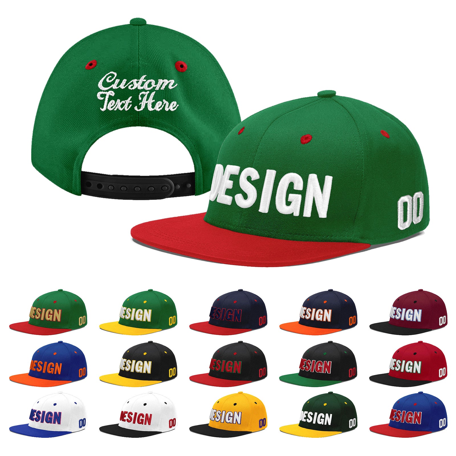 Custom Kelly Green Red 3D Puff Embroidery Flat Embroidery Casual Sport Baseball Cap
