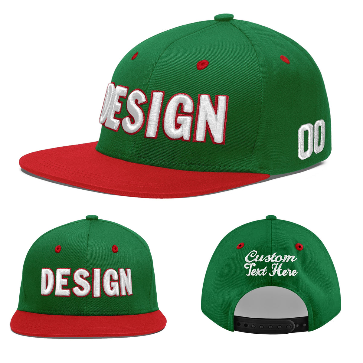 Custom Kelly Green Red 3D Puff Embroidery Flat Embroidery Casual Sport Baseball Cap